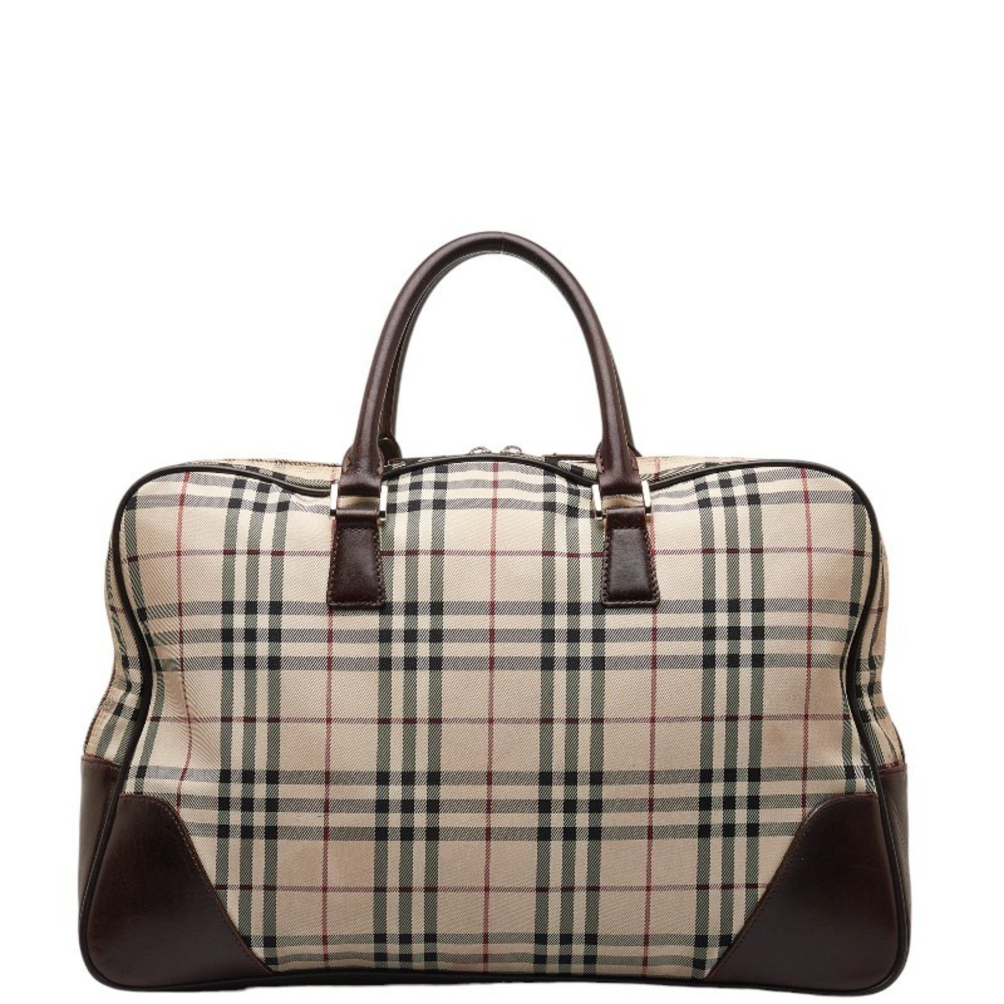 image of Burberry Nova Check Boston Bag Handbag Beige Brown Canvas Leather Women's Burberry