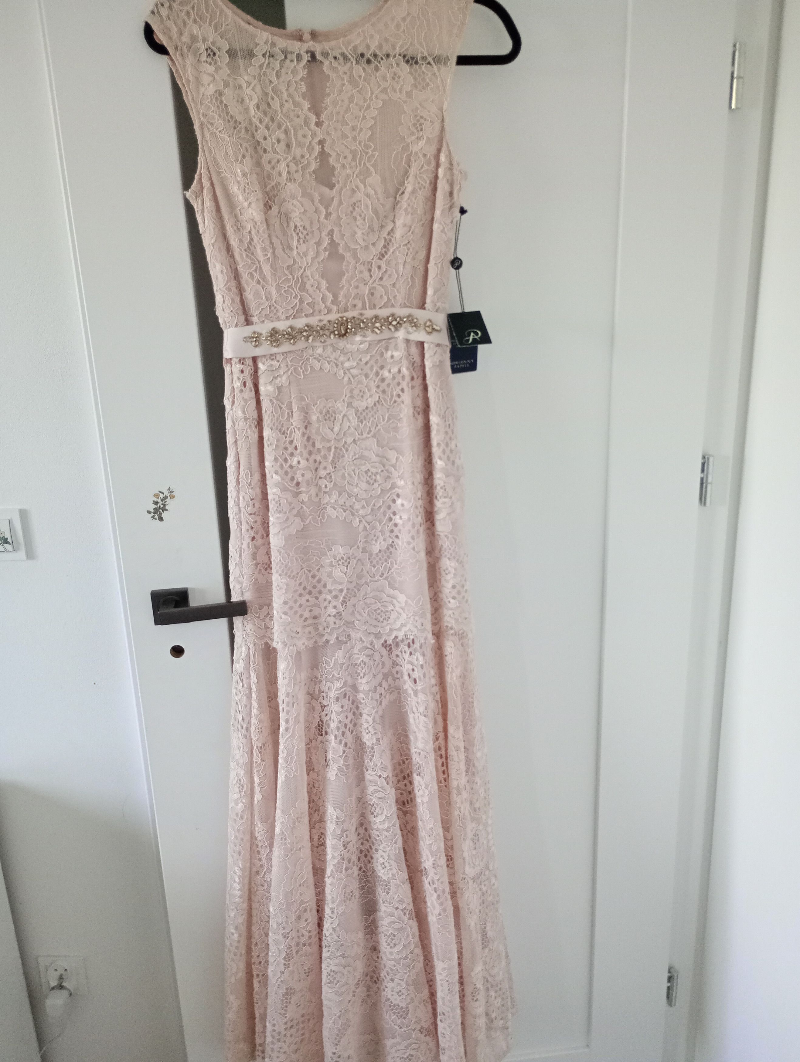 image of Adrianna Papell Long Lace Dress in Blush, Women's (Size Small)