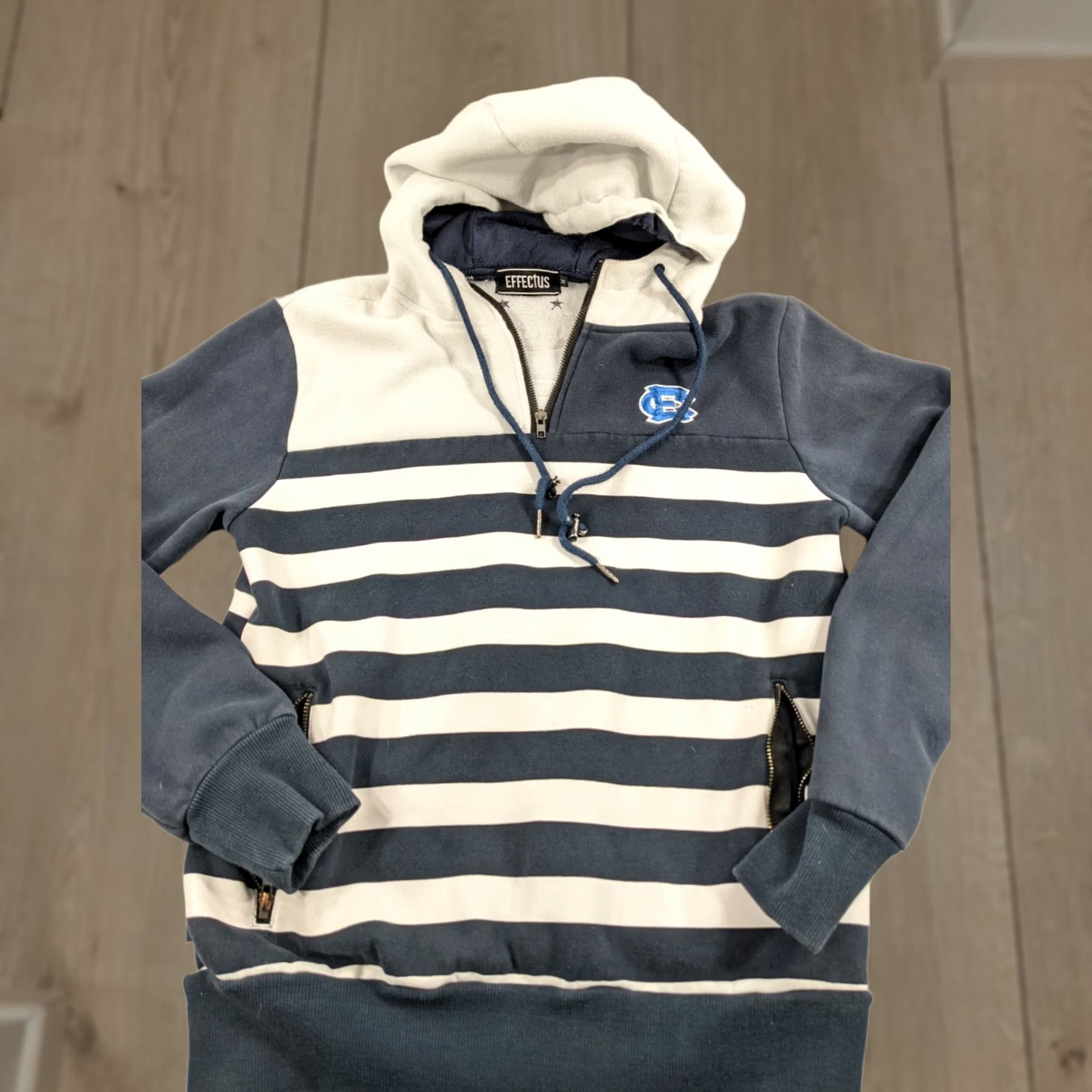 Vintage Effectus Clothing Mens Navy Striped Quarter Zip Hoodie W/Pockets Size Medium Size US M / EU 48-50 / 2 - 1 Thumbnail
