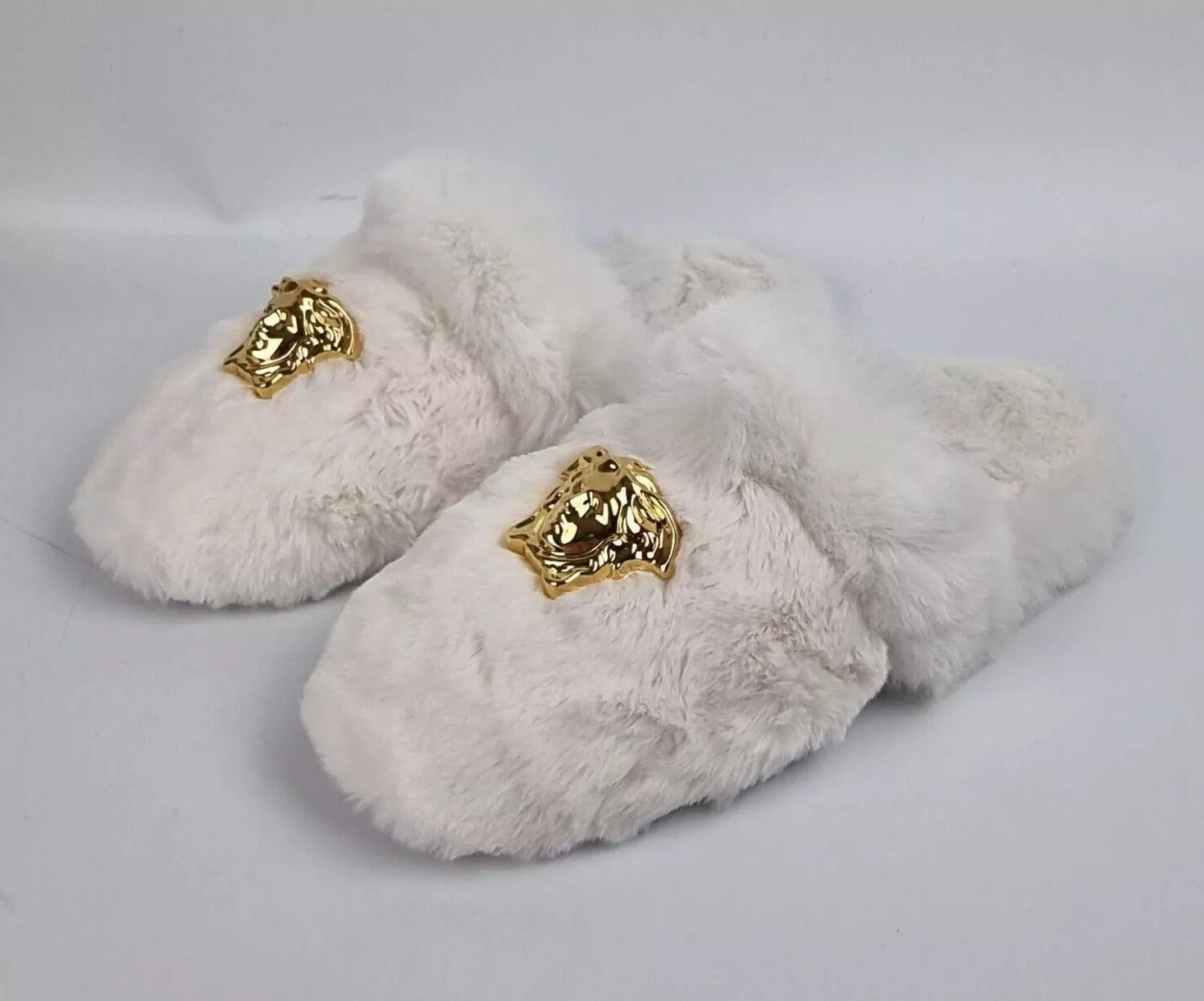 Versace White Medusa Fur Slippers New