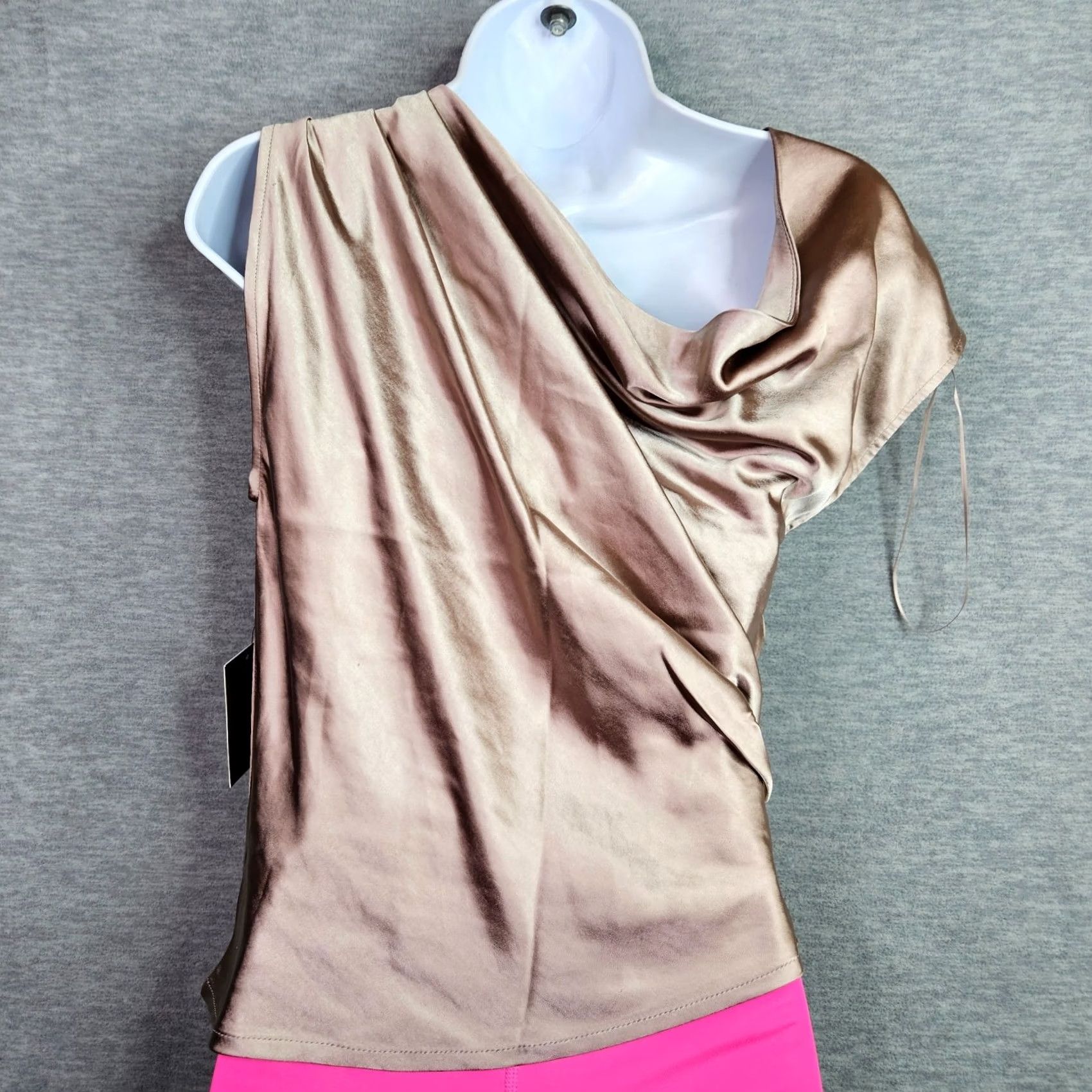 Vintage Jluxlabel Women Satin Drape Top XS Champagne Asymmetrical NWT Satin Blouse Off Shoulder Short Sleeve Pink Regular Fit Women XS NWT Size XS / US 0-2 / IT 36-38 - 2 Thumbnail