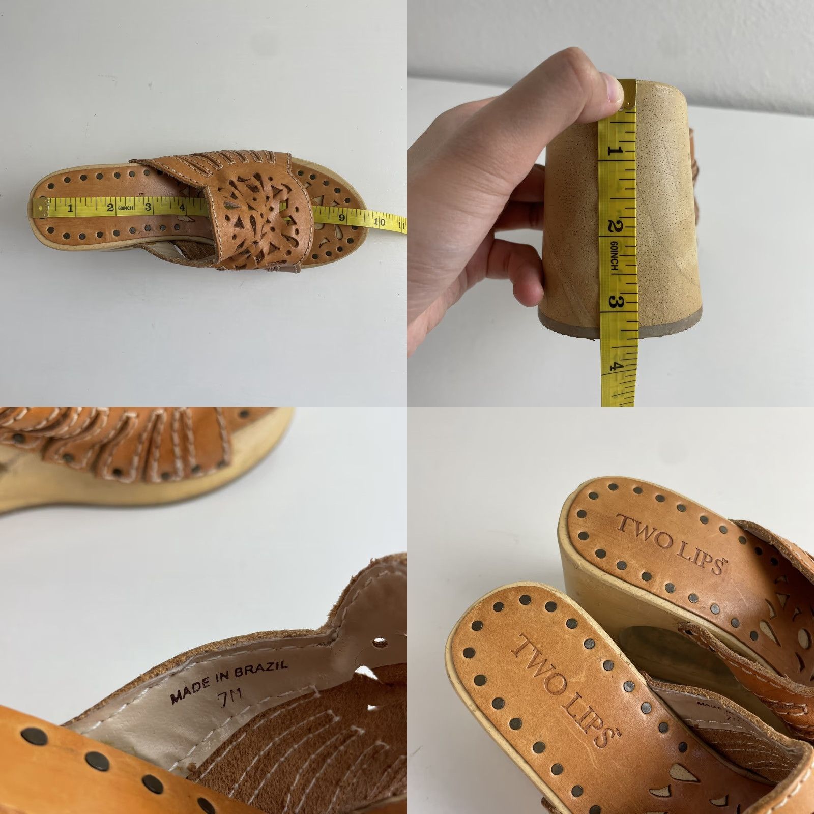 Vintage VINTAGE Y2K Wedge Sandals 7 Tan Leather Chunky Platform Wooden Block Heel Cutout - Two Lips Womens Shoes Brown Size US 7 / IT 37 - 8 Thumbnail