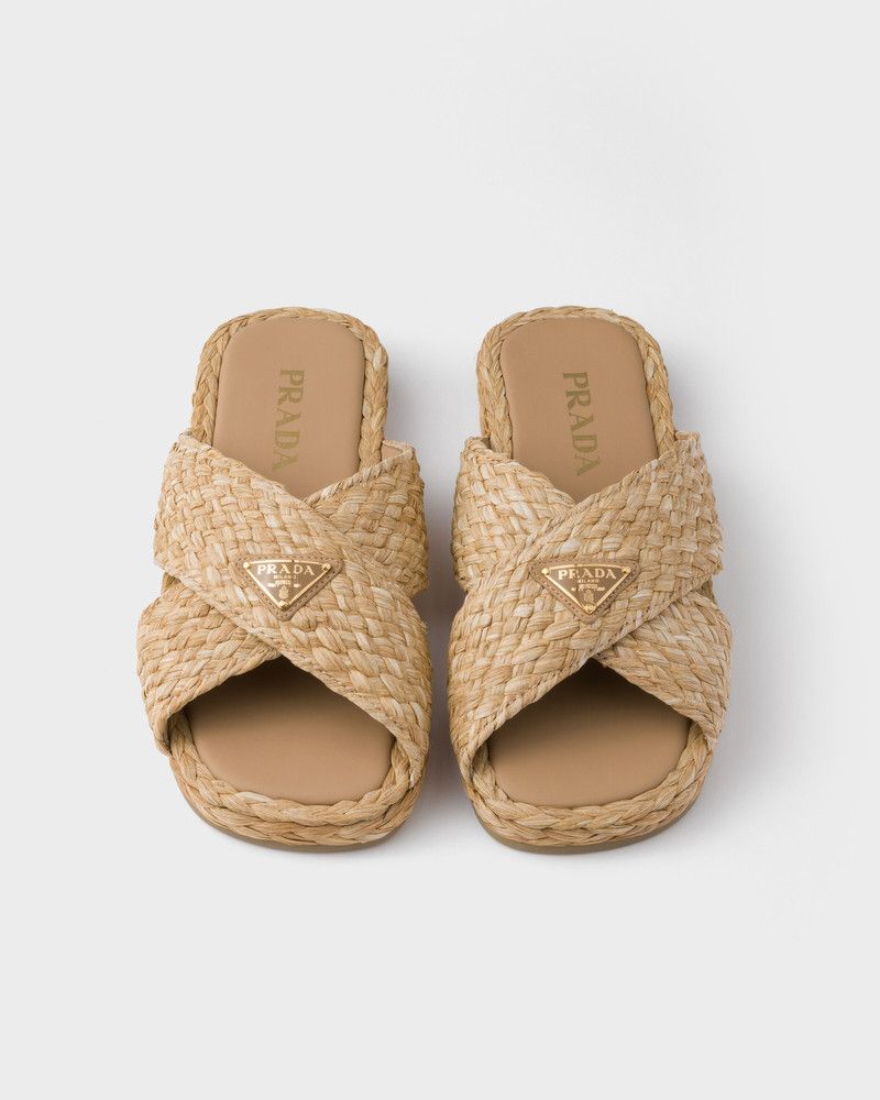 Prada o1mt1gz0526 Raffia Crisscross Slides in Beige Size US 9 / EU 42 - 3 Thumbnail