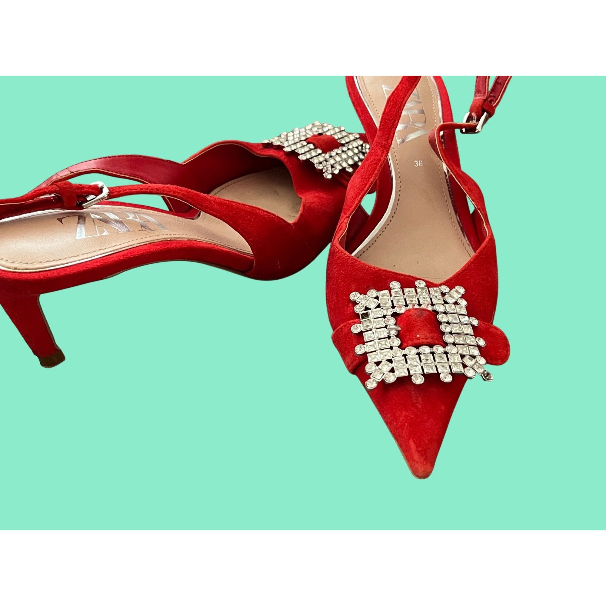 Zara Red Suede Pointed Toe Slingback Heels With Crystal Buckle Za Size US 6.5 / IT 36.5 - 1 Thumbnail