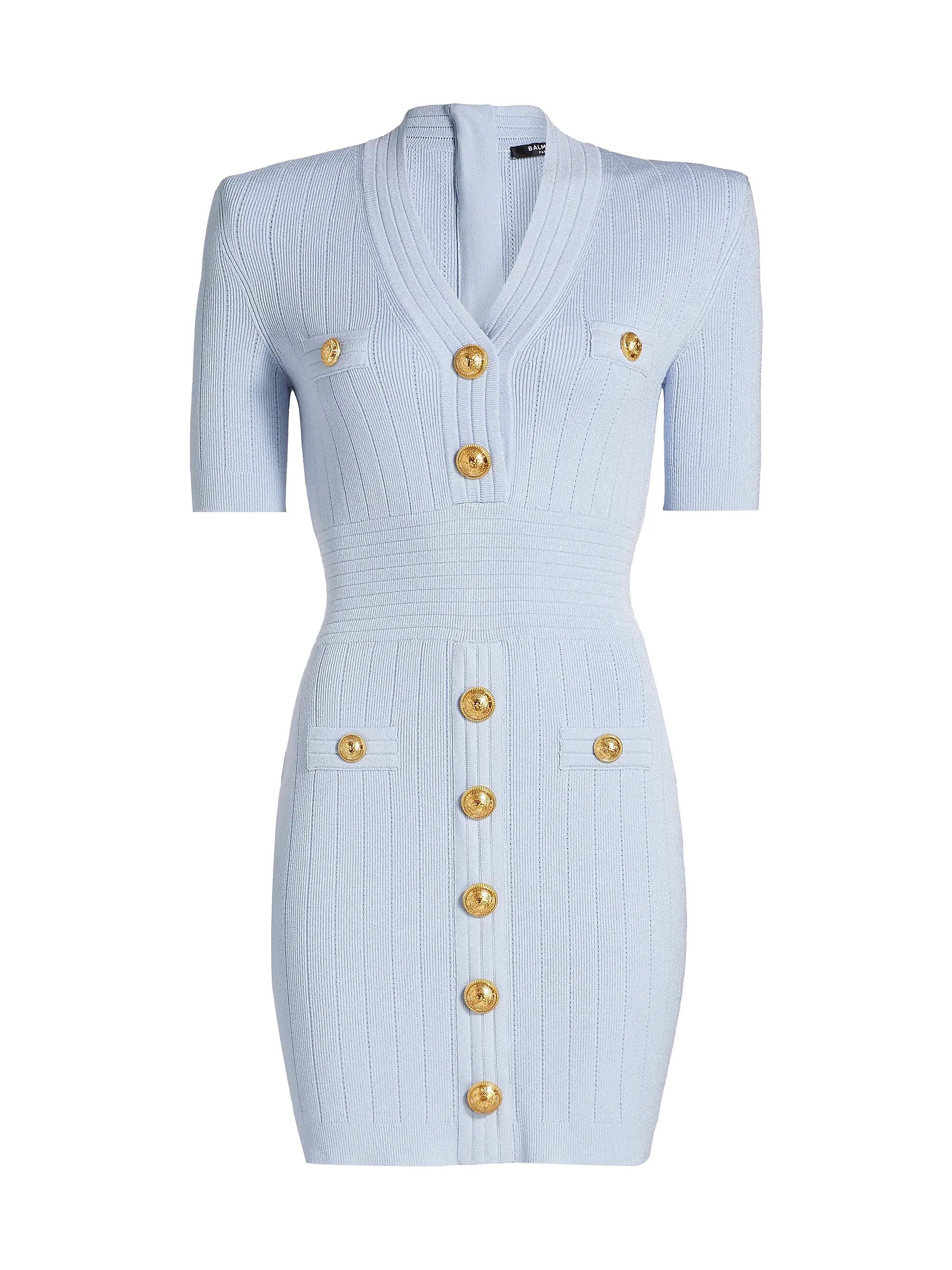 Balmain o1s1wg111225 Button Accented Kinit Mini Dress in Blue Size S / US 4 / IT 40 - 1 Thumbnail