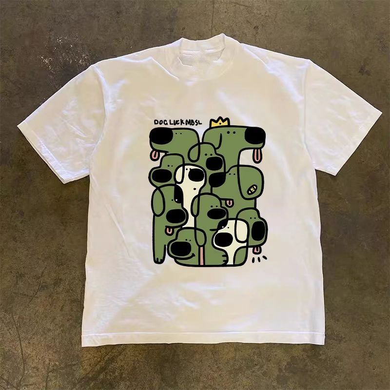 White washed retro fun puppy print t-shirt