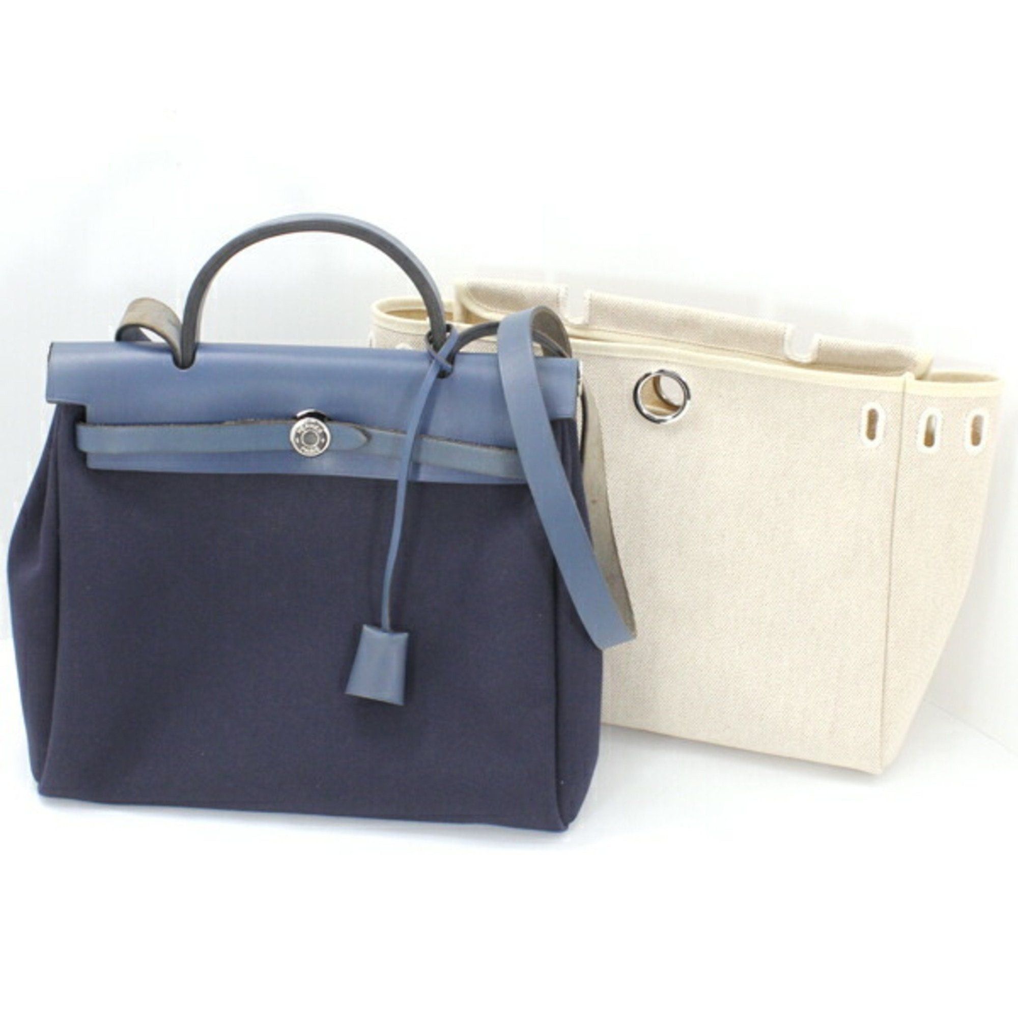 image of Hermes Airbag Pm 2Way Handbag Shoulder Bag Navy Natural Leather Toile Officier Men's Women's Aa1150