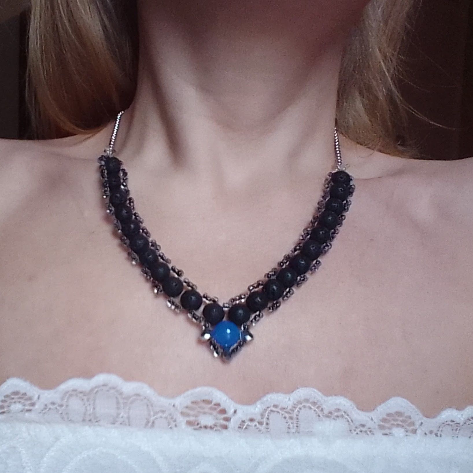 Handmade Black Necklace Natural Etna Lava stones and blue Agate Size ONE SIZE - 1 Thumbnail