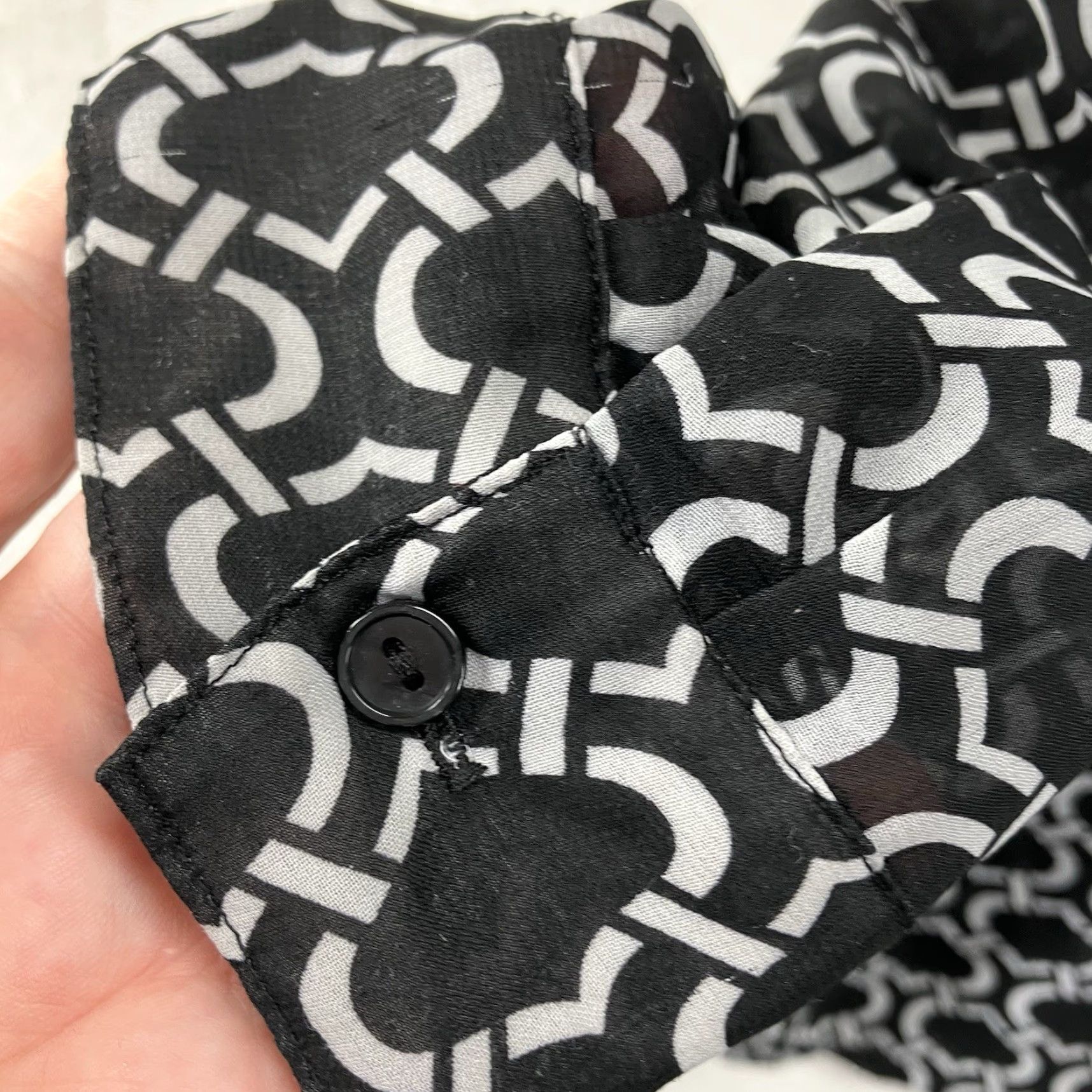 Vintage Lane Bryant Women’s Blouse Shirt 14 Black White Chain Designer Print Sheer Gothic Casual Long Sleeve Button Up Collared Breathable Polyester Modern Size XL / US 12-14 / IT 48-50 - 6 Thumbnail