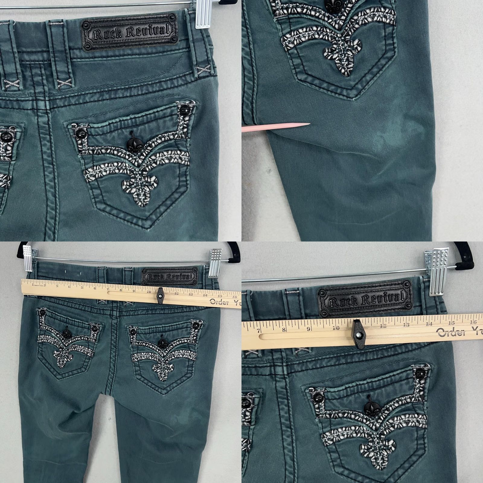 Vintage Rock Revival Jeans Womens 26 Green Denim Karla Skinny Embroidered 90s Y2K Distressed Rhinestone Tailored Logo Pocket Leather Patch Bagged Size 26" / US 2 / IT 38 - 9 Thumbnail