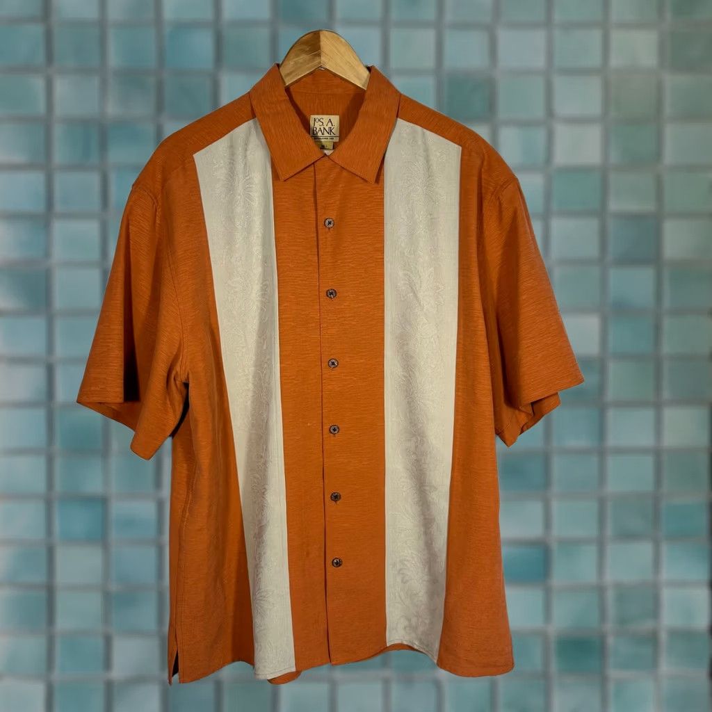 Jos. A. Bank Jos A Bank Mens Large Camp Shirt 100% Silk Burnt Orange Beige Floral Panel 2010 Size US L / EU 52-54 / 3 - 1 Thumbnail