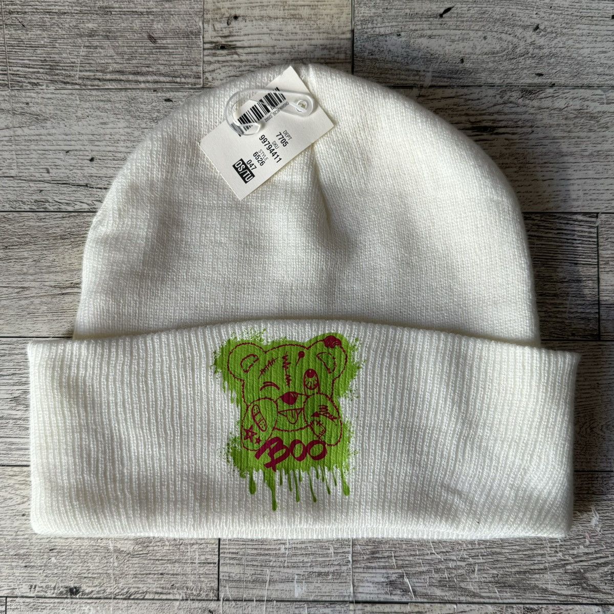 Aeropostale Upcycled, Neon Boo Bear, Knitted Ivory Beanie, Unisex Size ONE SIZE - 9 Thumbnail