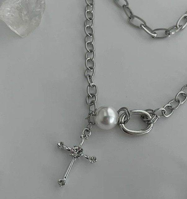 Japanese Brand × Jewelry Fashion punk pearl cross chain layered choker necklace Size ONE SIZE - 4 Thumbnail