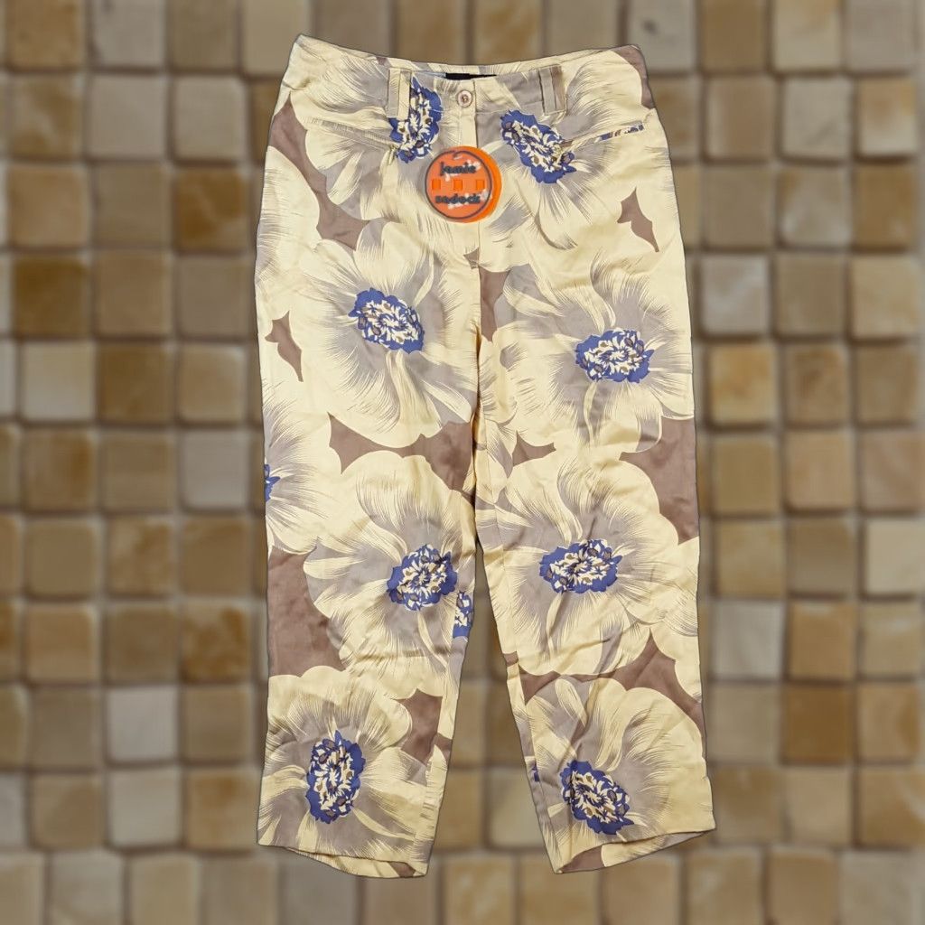 Vintage VINTAGE Jamie Sadock Yellow Floral 100% Silk Capri Pants Relaxed Tapered Women's Size 2 Y2K Bohemian Retro Size 26" / US 2 / IT 38 - 1 Thumbnail