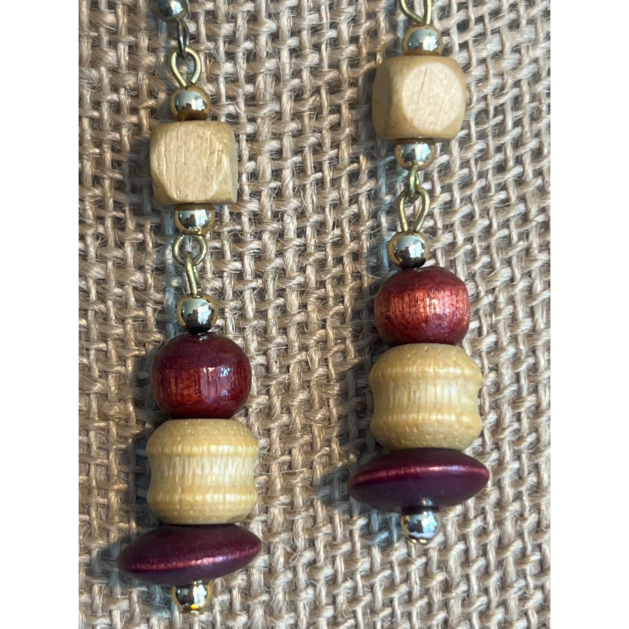 Vintage Vintage Gold Tone Wood Bead Dangle Earrings Hooks Natural Bo Size ONE SIZE - 2 Thumbnail