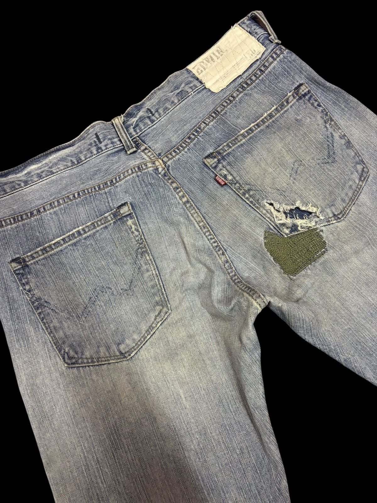 Edwin × Japanese Brand Vintage Edwin XV Distressed Patchwork Blue Washed Jeans Size US 36 / EU 52 - 6 Thumbnail