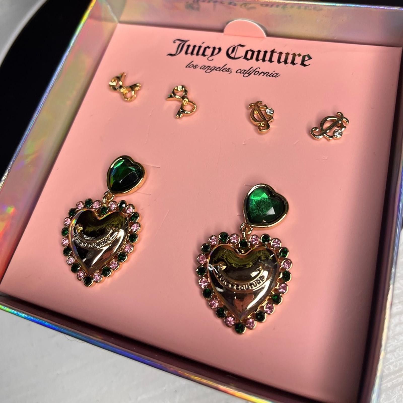 Juicy Couture Jeans Juicy Couture Crystal Bow Heart Stud Earrings Emerald Pink Size ONE SIZE - 2 Thumbnail