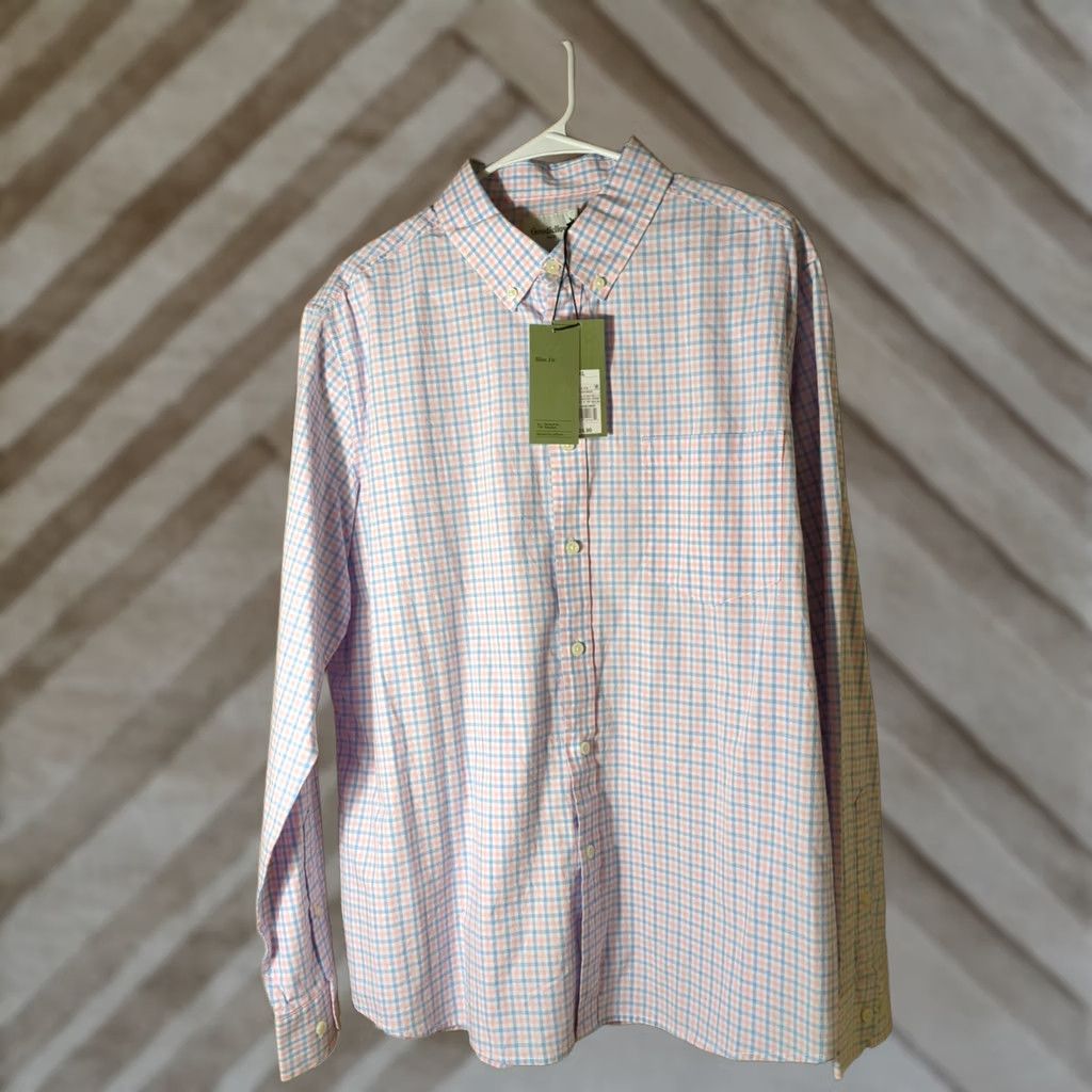 Vintage Goodfellow & Co Dress Shirt XL Slim Blue Pink Plaid Stretch 1 Pocket NWT Shirt Mens Slim Fit Blue/Pink Size 46R - 1 Thumbnail