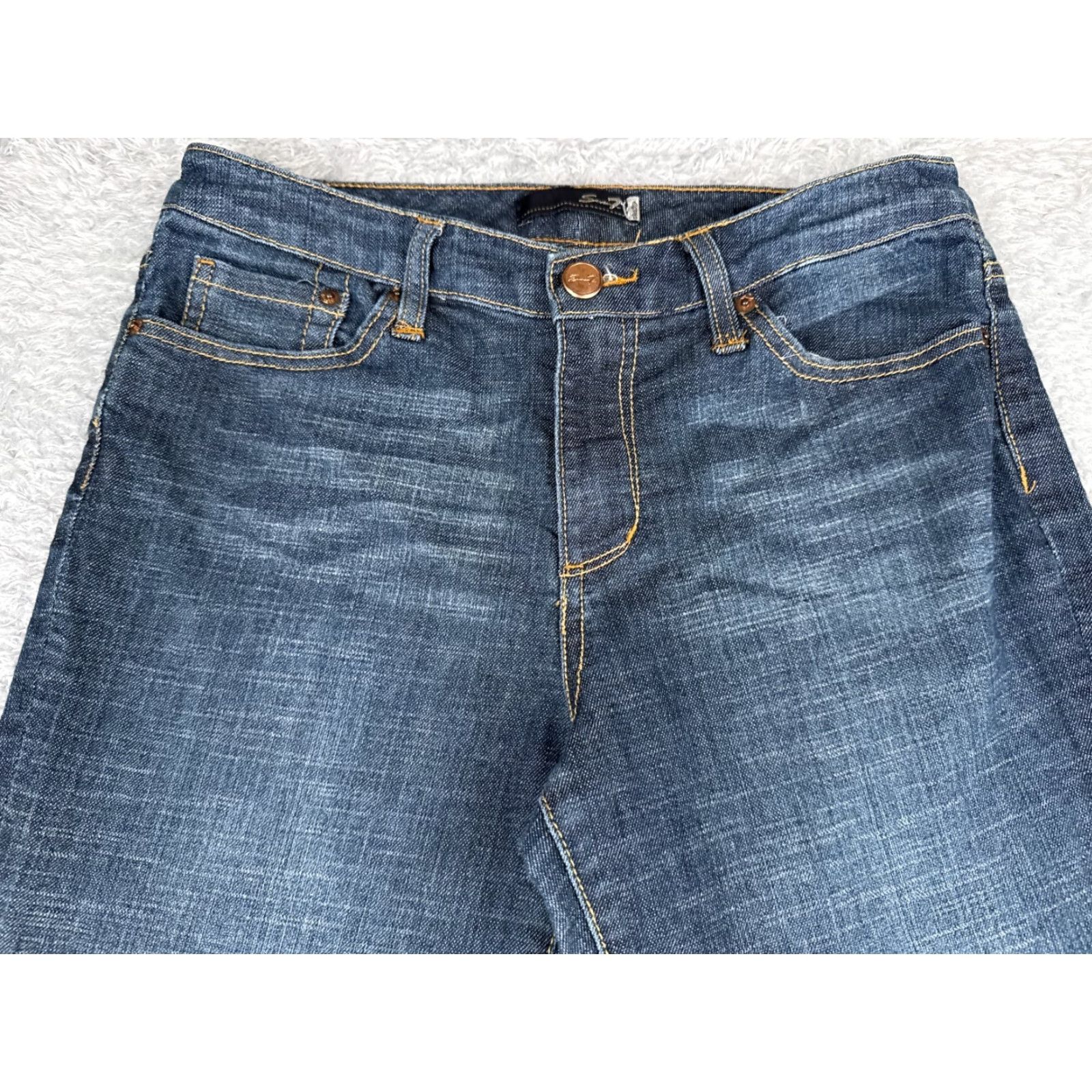 Vintage Seven7 Jeans Adult 30 Blue Mid Rise Flared Denim Cotton Blend 30x32 5-Pocket Distressed Logo Embroidered American Designer Women Size 30" / US 8 / IT 44 - 4 Thumbnail