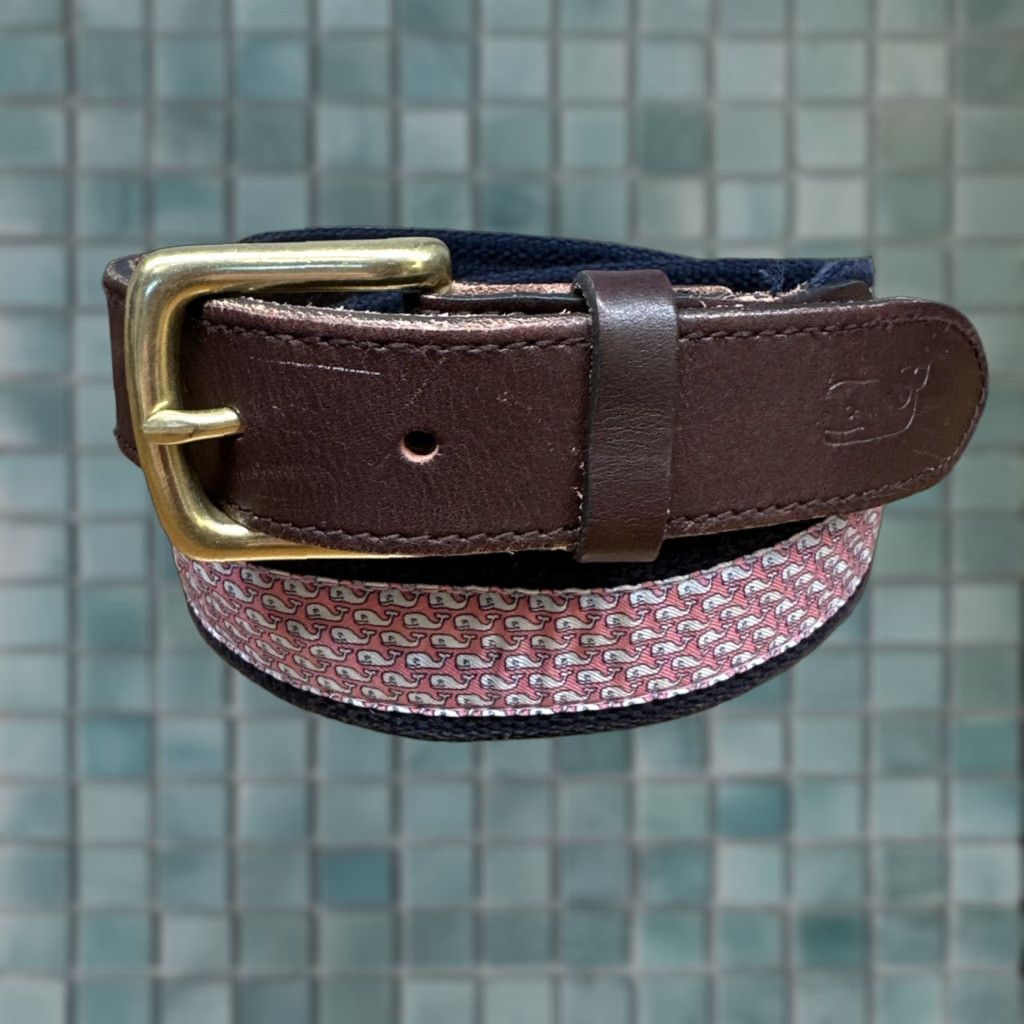 Vineyard Vines Vineyard Vines Belt Canvas Brown Leather Whale Mens 30 Belt Nautical Whales Pattern Adjustable Buckle 1.25” Brown/Pink/Blue Size 30 - 1 Thumbnail