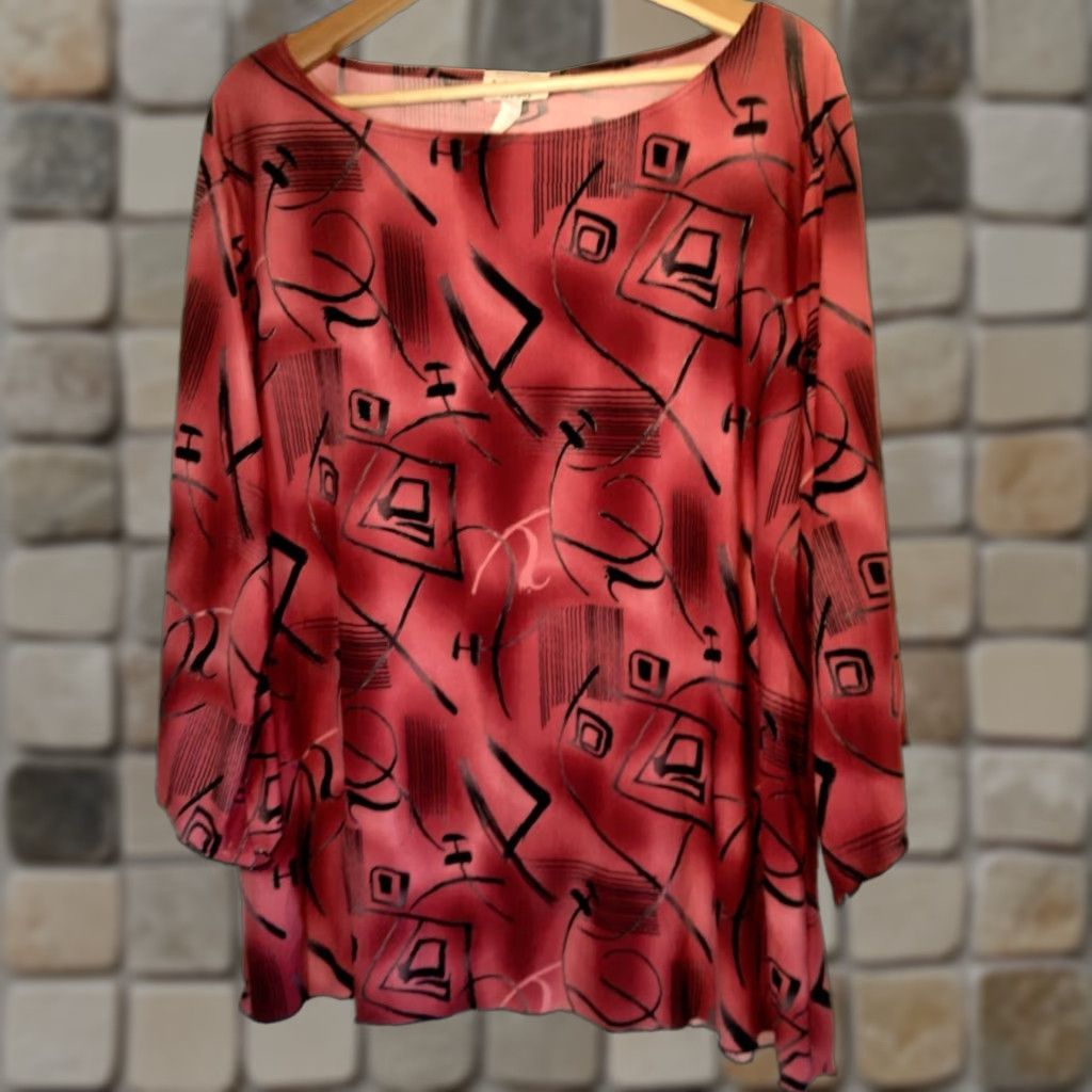 4SDESIGNS VINTAGE Abstract MKM Designs Shirt 2XL Plus Size Tunic Red Fultter Sleeve Gold Flaws Size XXL / US 16-18 / IT 52-54 - 1 Thumbnail