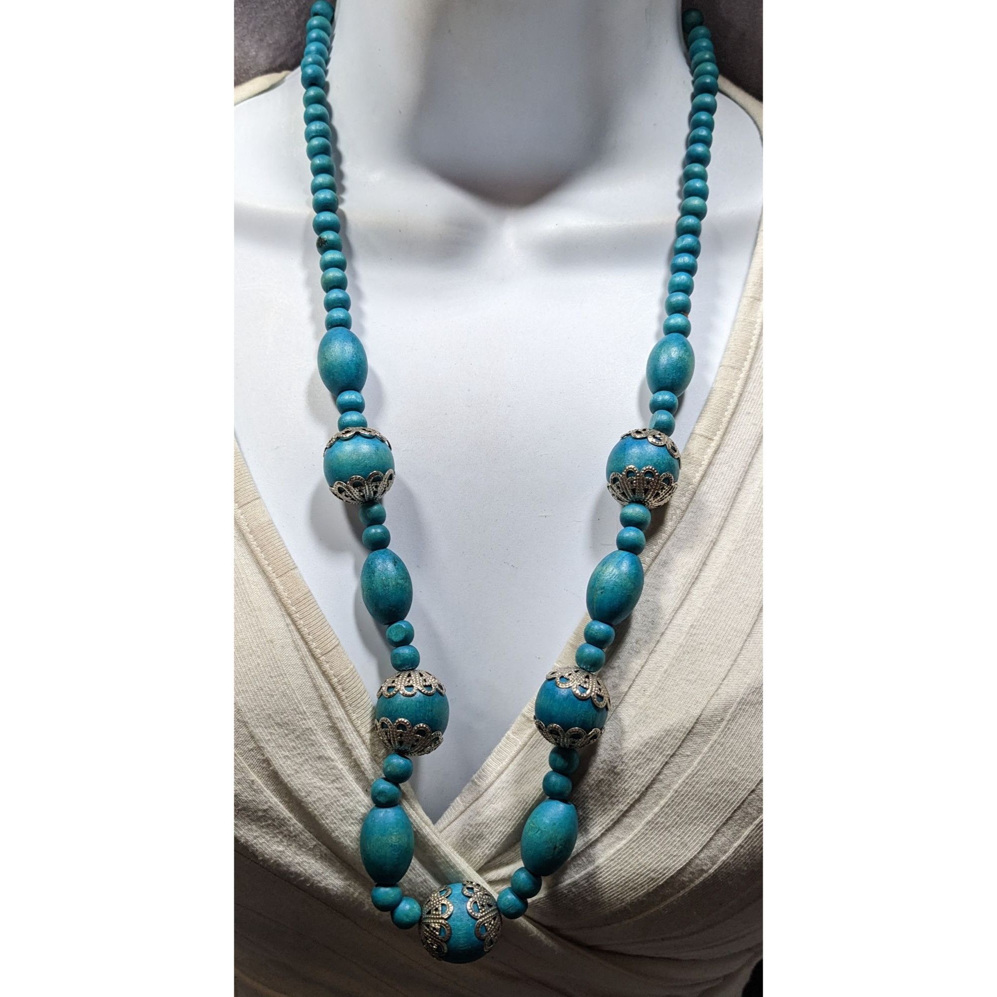 Other Vintage Bohemian Blue Wooden Beaded Necklace With Ornate Sil Size ONE SIZE - 2 Thumbnail