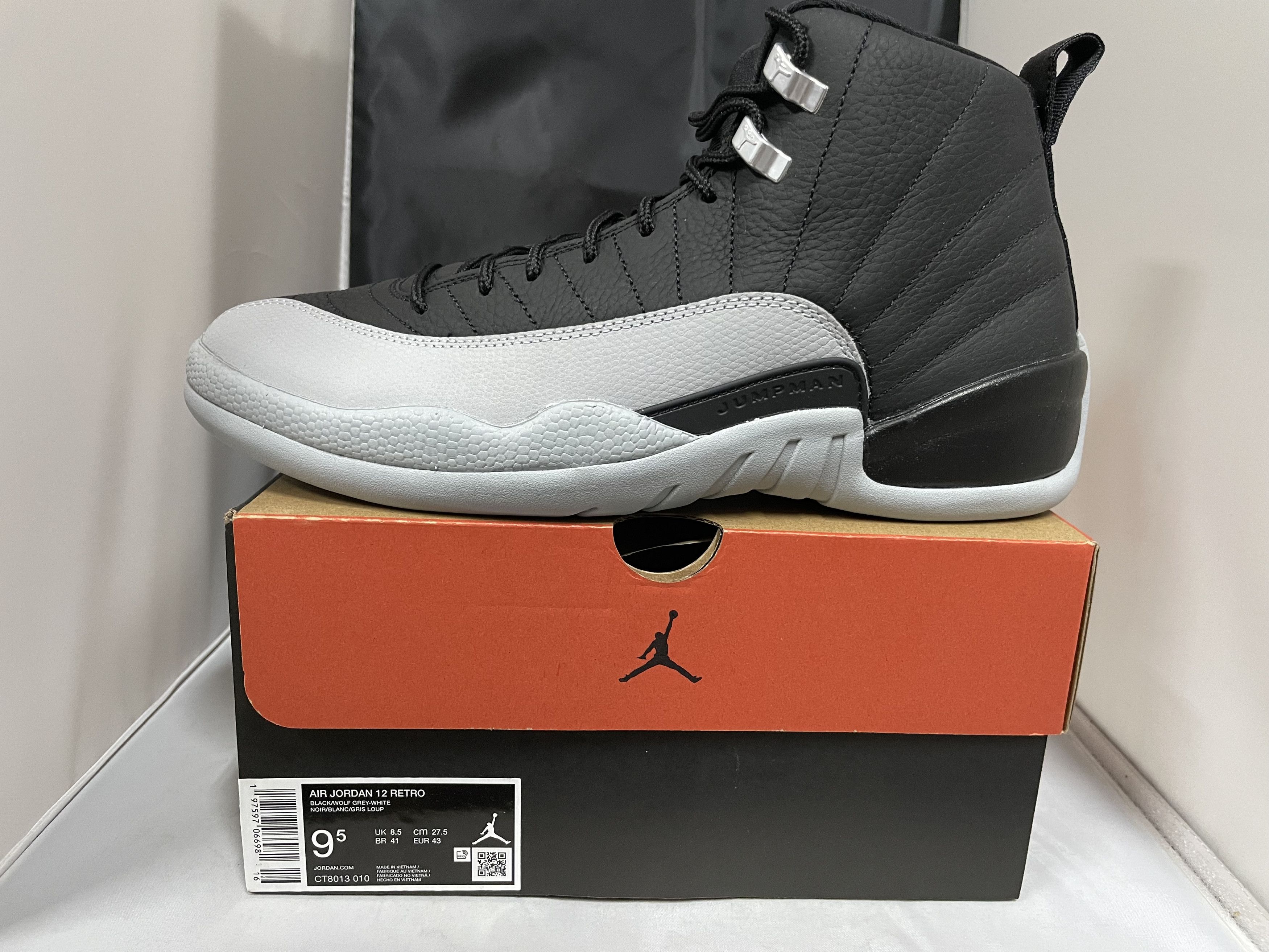 Jordan Brand Air Jordan 12 Retro 'Black/Wolf Grey-White' CT8013 010 Size US 9.5 / EU 42-43 - 9 Thumbnail