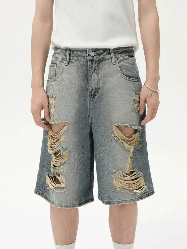 Japanese Brand Vintage distressed loose straight blue ripped denim shorts Size US 32 / EU 48 - 4 Thumbnail