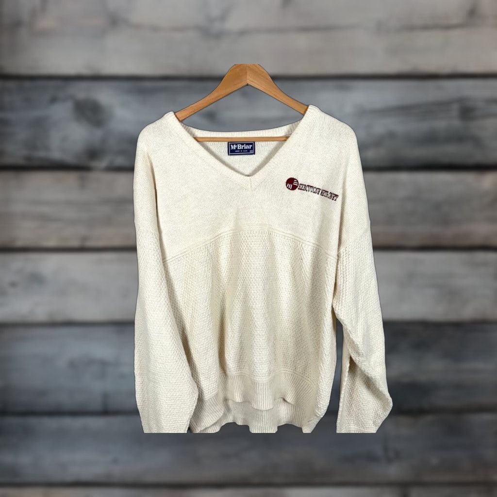 Vintage VINTAGE McBriar V-Neck Sweater Shirt Adult XL Ivory Cotton Knit Embroidered USA Made 80s 90s Mens Size US XL / EU 56 / 4 - 1 Thumbnail