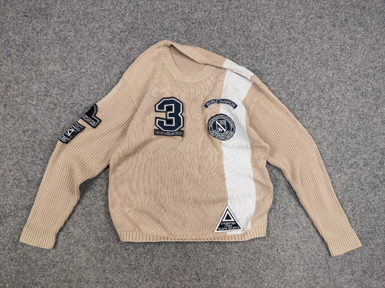Japanese Brand Vintage 90's Polo Skarpa Sports Knit beige Patchwork Sweater Size US L / EU 52-54 / 3 - 6 Thumbnail
