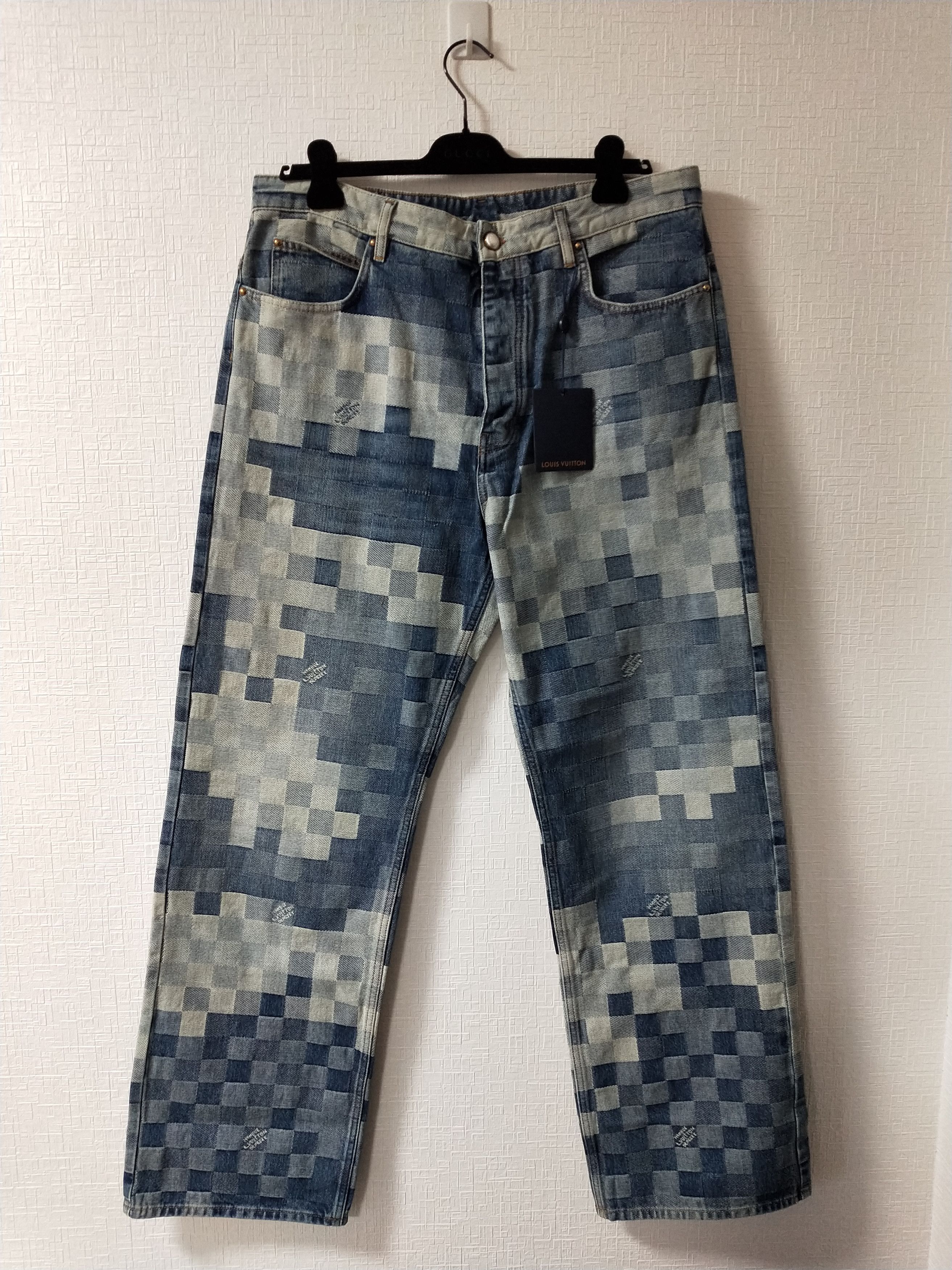 image of Louis Vuitton Damier Print Skate Denim Jeans in Indigo, Men's (Size 38)