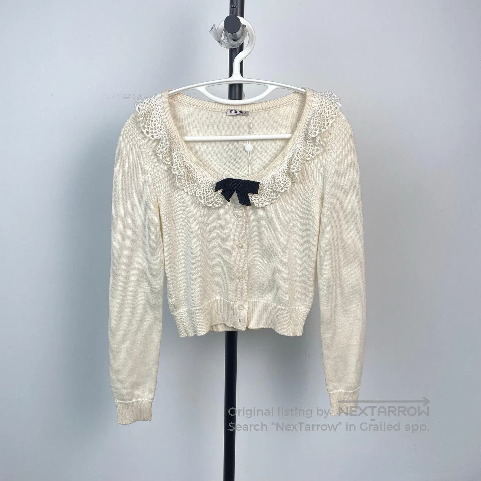 Miu Miu Miu Miu Ivory Ruffled Knit Short Sleeve Thin Top| Size XS / US 0-2 / IT 36-38 - 1 Thumbnail