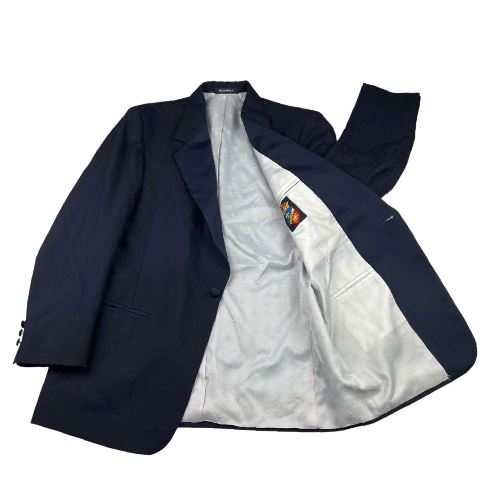 VINTAGE Lord West Tuxedo Suit Navy Wool Peak Lapel 1-Button Jacket 42R 32x30 MensUS 2-Piece