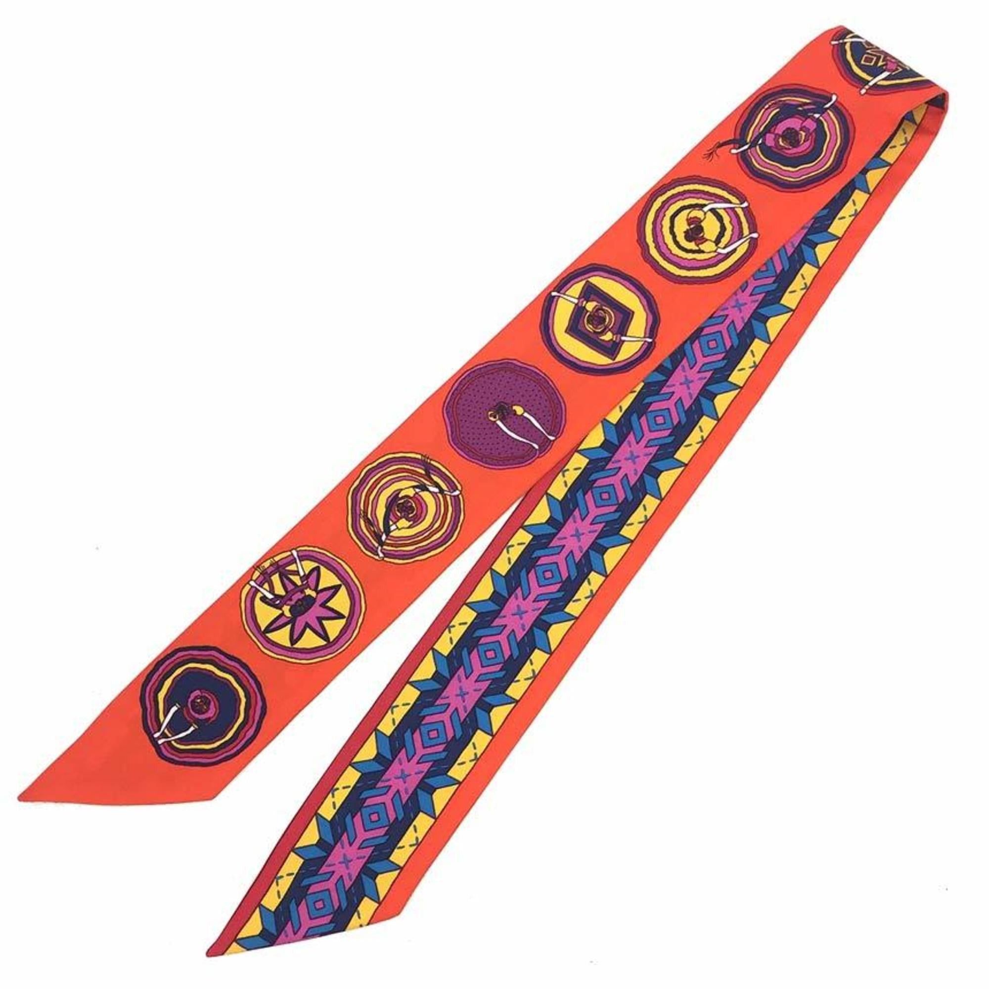 image of Hermes Twilly Scarf Muffler Balles Du Mexique Beautiful Mexico Mexican Dance Orange 100% Silk in Bl