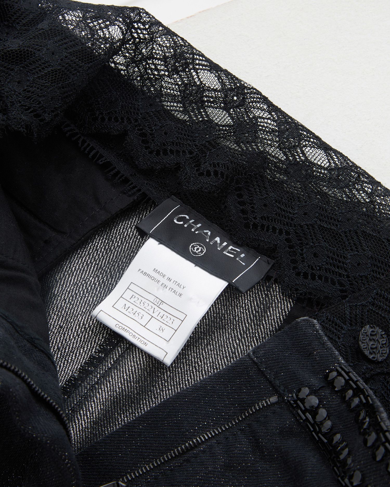 Chanel × Karl Lagerfeld S/S 2004 blue embellished metallic gun & lace denim pants Size 28" / US 6 / IT 42 - 7 Thumbnail
