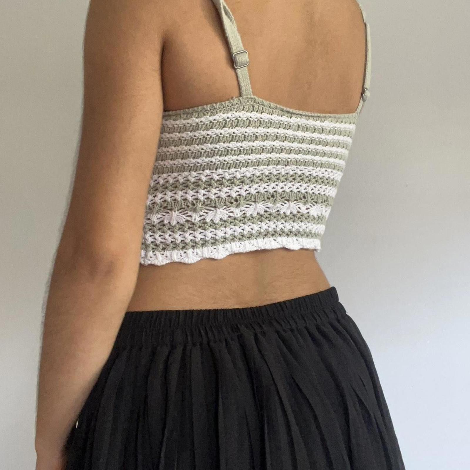 Other Cream and green striped crochet vest top #crochet Size XS / US 0-2 / IT 36-38 - 4 Thumbnail