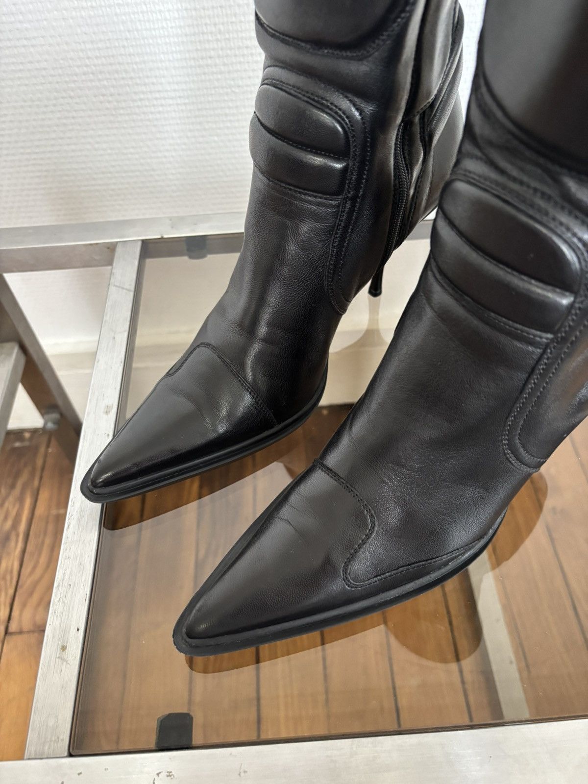 Miu Miu 00’s Vintage Miu Miu Black Padded Leather Biker Heel Boots Size US 7 / IT 37 - 5 Thumbnail