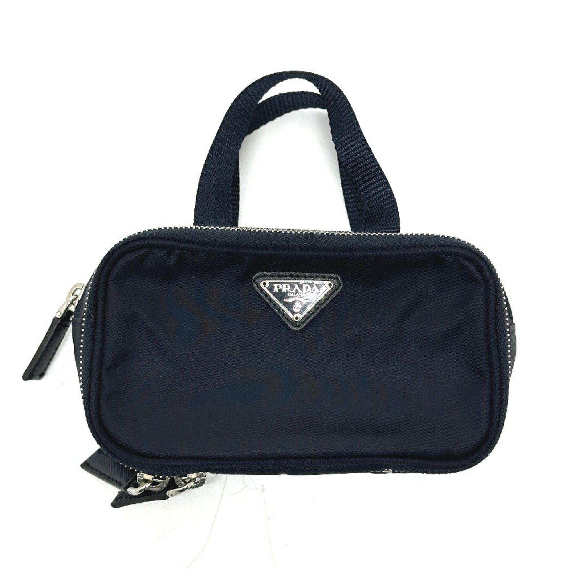 Prada 1N1346 Triangle Plate Double Zipper Mini Bag Handbag Nylon Women's Blue Like New