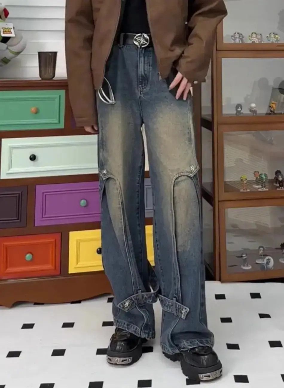 Japanese Brand Retro washed straight leg patchwork jeans Size US 32 / EU 48 - 1 Thumbnail
