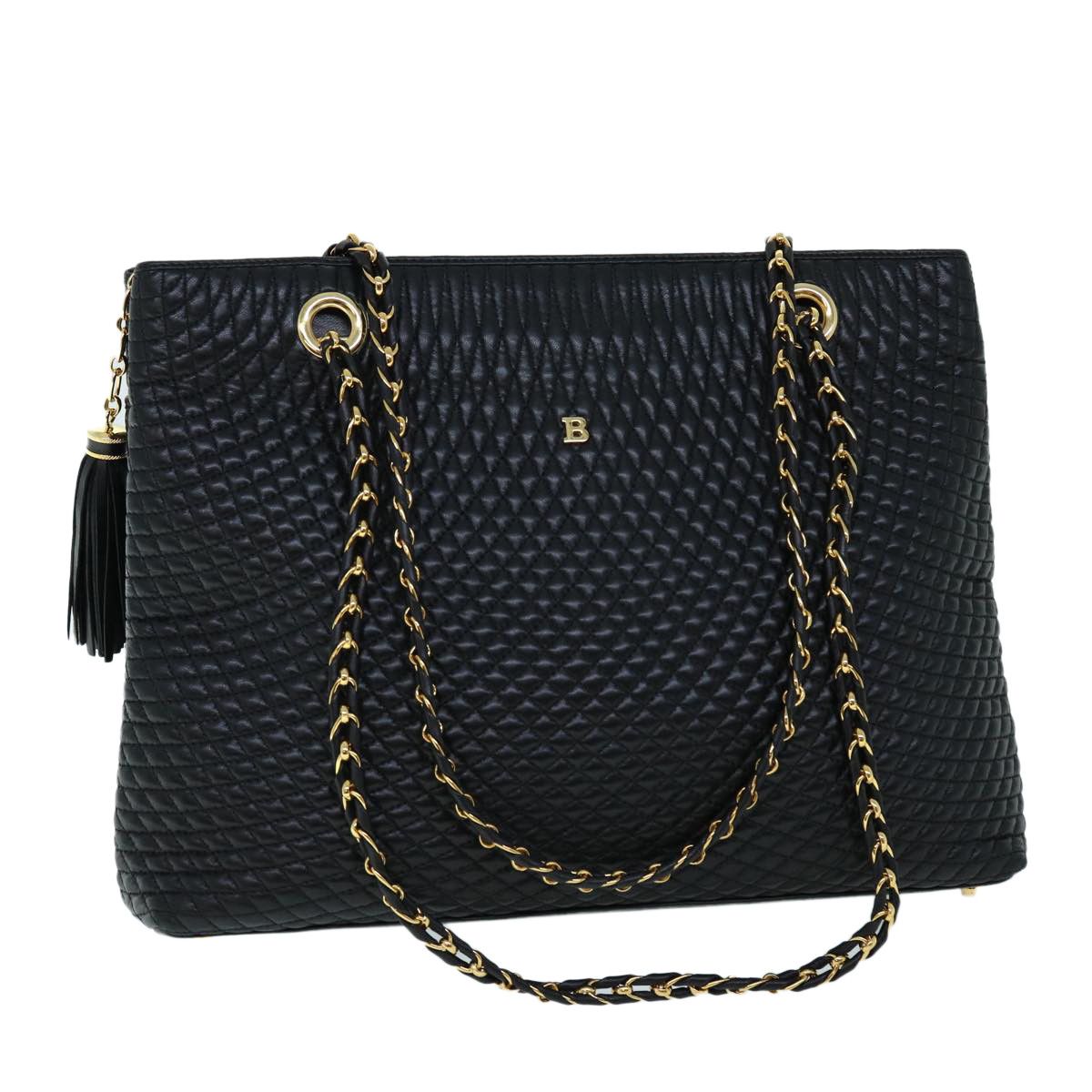 image of Bally Quilted Fringe Chain Shoulder Bag Leather Black Auth Yk8544, Women's