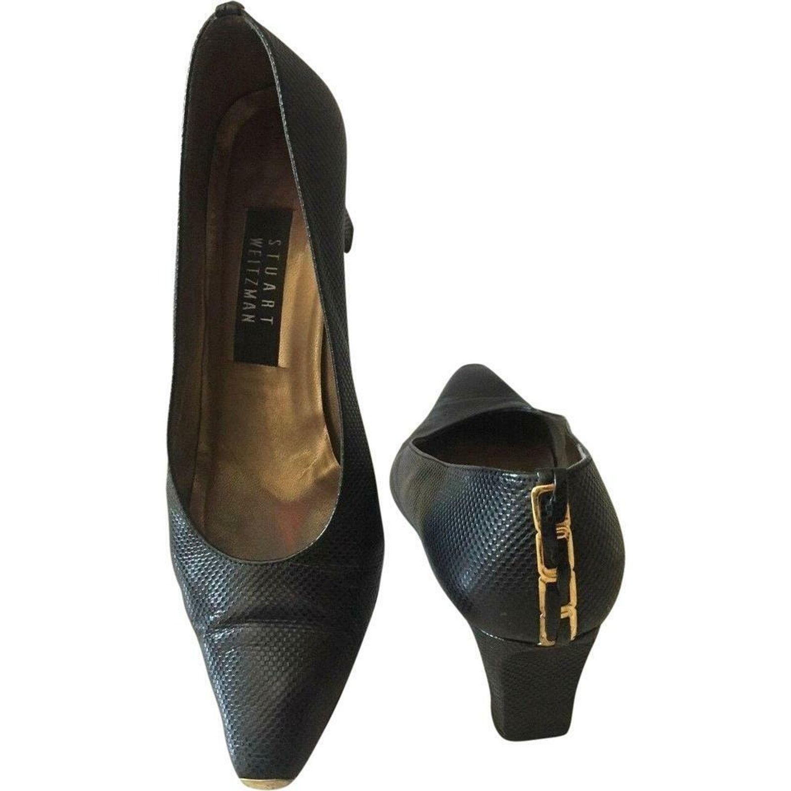 Stuart Weitzman Stuart Weitzman Black Textured Shoe Pump Metal Toe Rand Cap Size US 7.5 / IT 37.5 - 2 Thumbnail