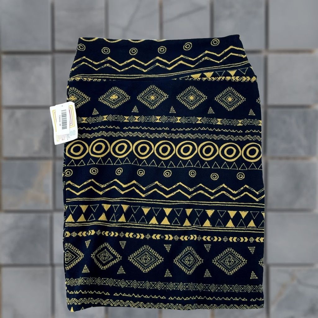 Vintage LuLaRoe Cassie Skirt Womens M Black Geometric Knit Elastic Waist Aztec Pencil Stretch Size 32" / US 10 / IT 46 - 1 Thumbnail