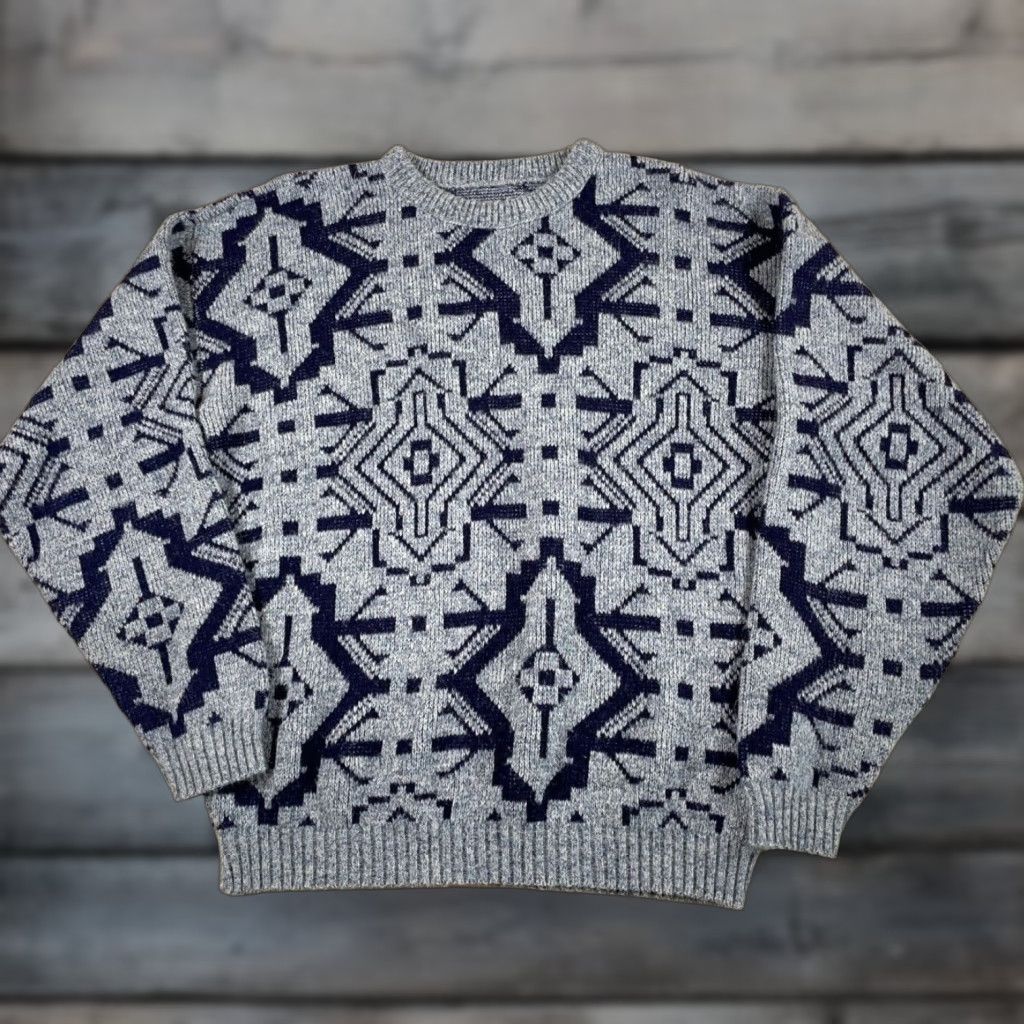 Vintage VTG 90s Dad Style Sweater Adult Medium Gray Dark Blue Geometric Pattern Knit Size US M / EU 48-50 / 2 - 1 Thumbnail