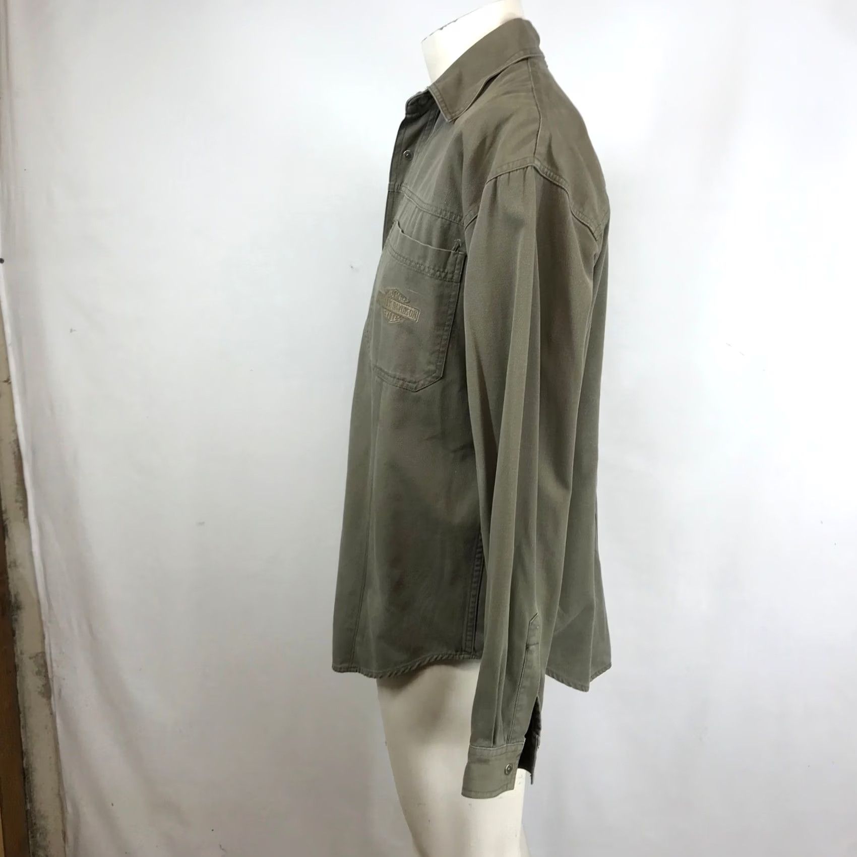 Harley Davidson Harley-Davidson Mens Olive Green Canvas Long Sleeve Snap Button Work Shirt XL Size US XL / EU 56 / 4 - 6 Thumbnail