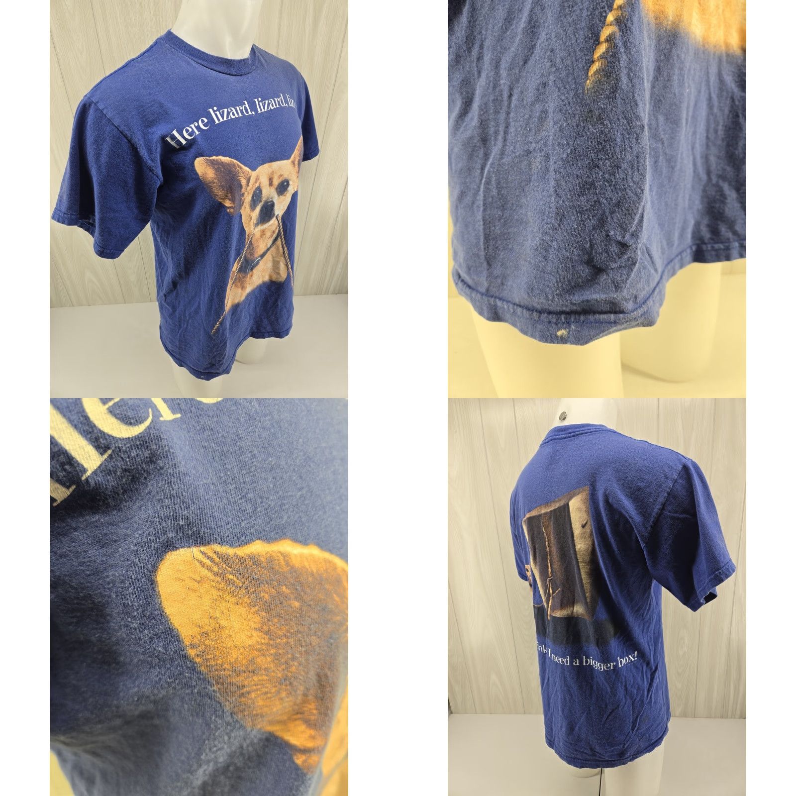 Tultex VINTAGE Tultex T-Shirt Double-Sided Blue LARGE Graphic Print 90s Taco Bell Here Lizard Chihuahua Godzilla Dogs Dogs Mens Shirt Size US L / EU 52-54 / 3 - 8 Thumbnail