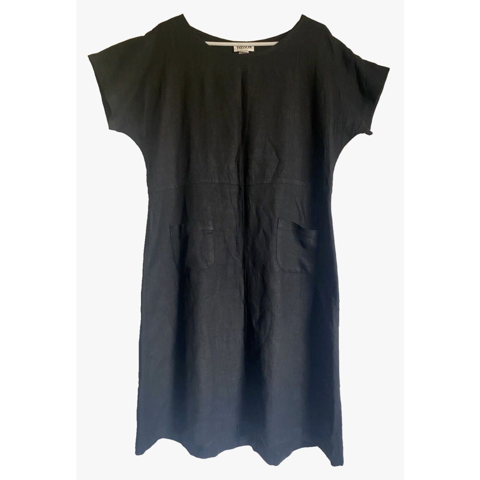 Vintage VINTAGE Frisson Women's Linen Midi Dress Short Sleeve Made in USA Sz L Black Pockets 90s Bohemian A-Line Casual Modern Classics Size 36" / US 14 / IT 50 - 2 Thumbnail