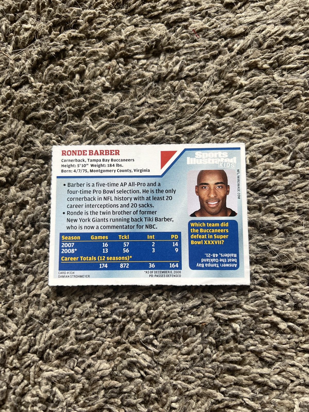 NFL 2009 Sports Illustrated Kids #334 Ronde Barber Card Size ONE SIZE - 2 Thumbnail