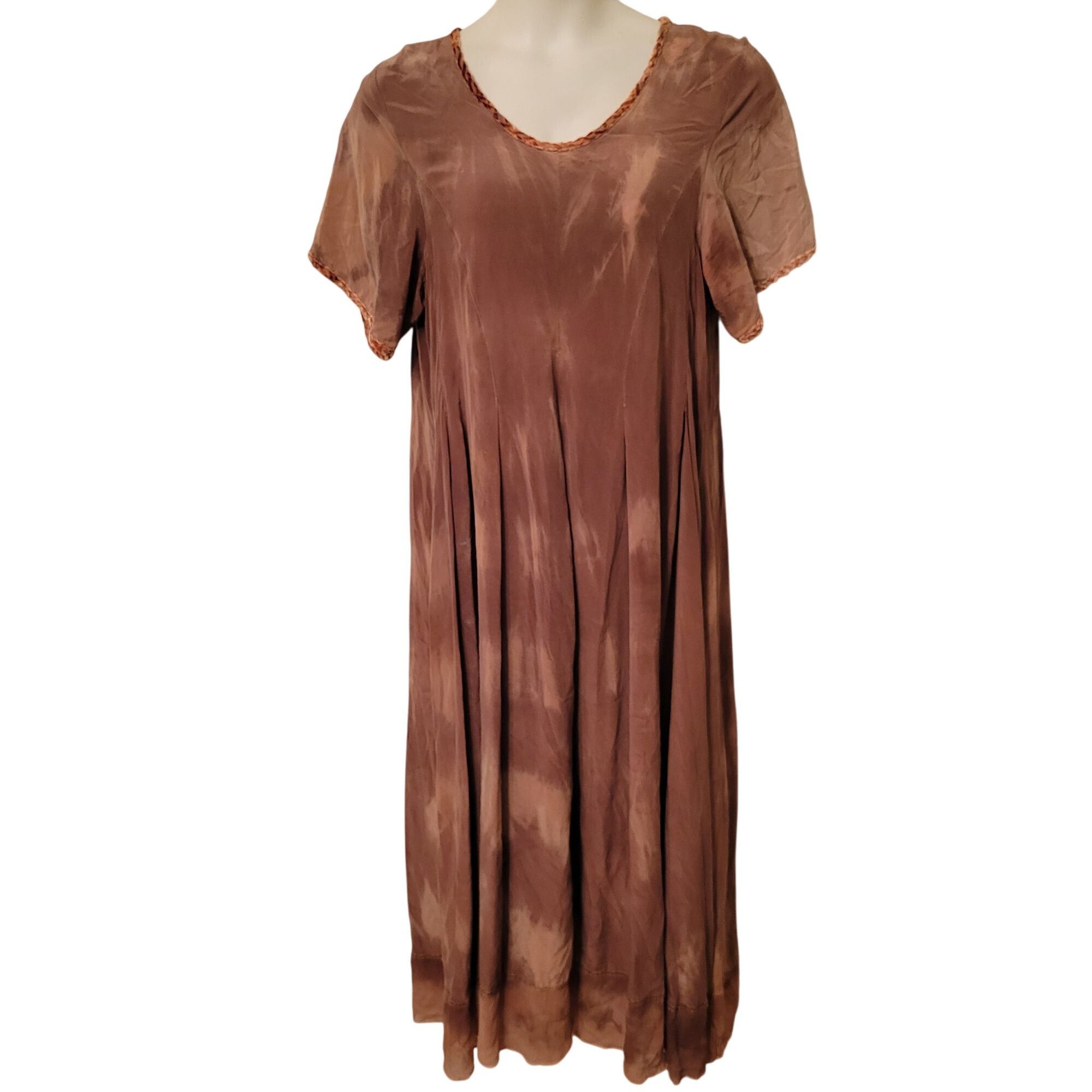 Uru URU Tie Dye 2 Brown Short Sleeve Silk Maxi Dress Braided Tri Size ONE SIZE - 3 Thumbnail