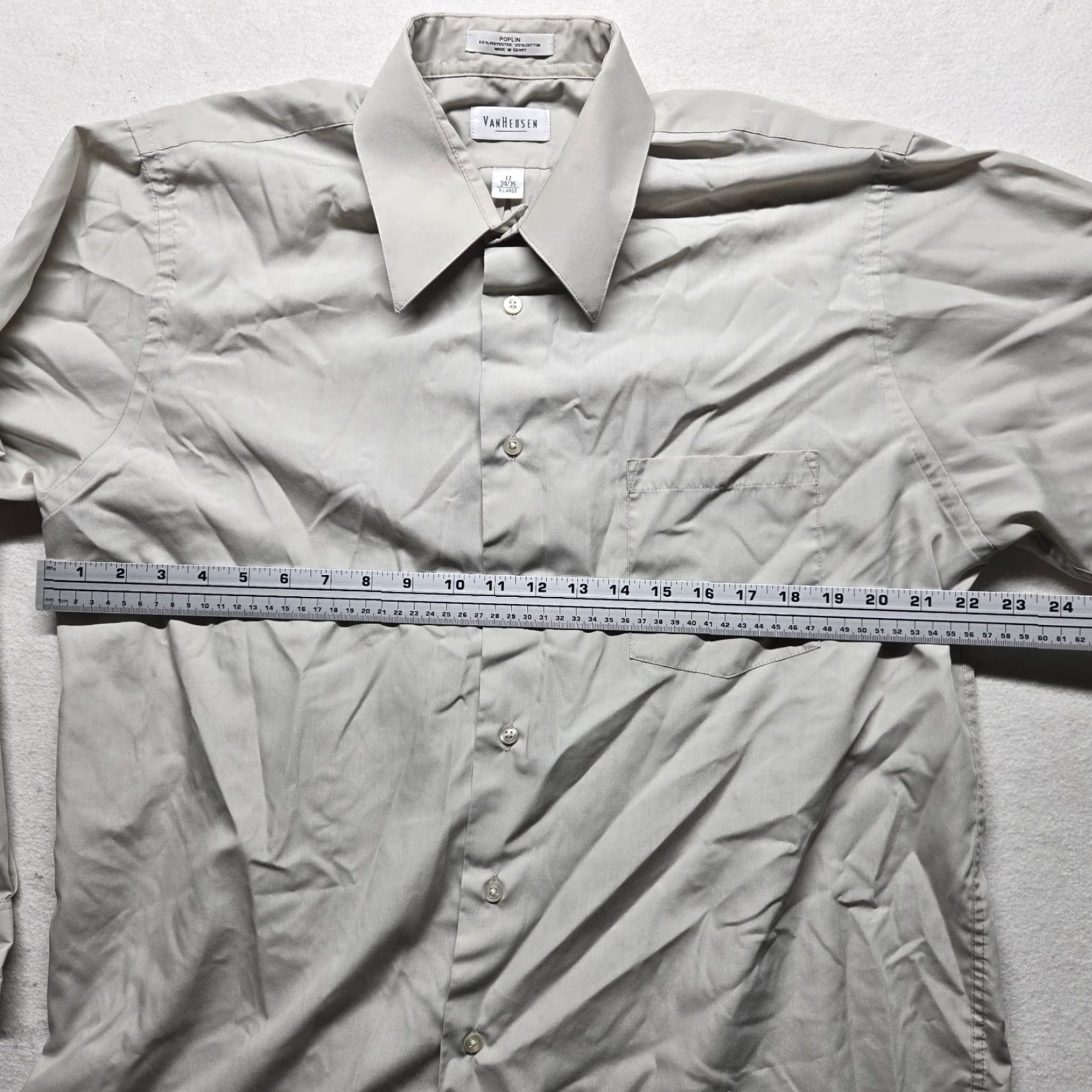 Van Heusen VAN HEUSEN Dress Shirt Mens 17 Beige Military Poplin Button Up Shirt Size 46R - 4 Thumbnail