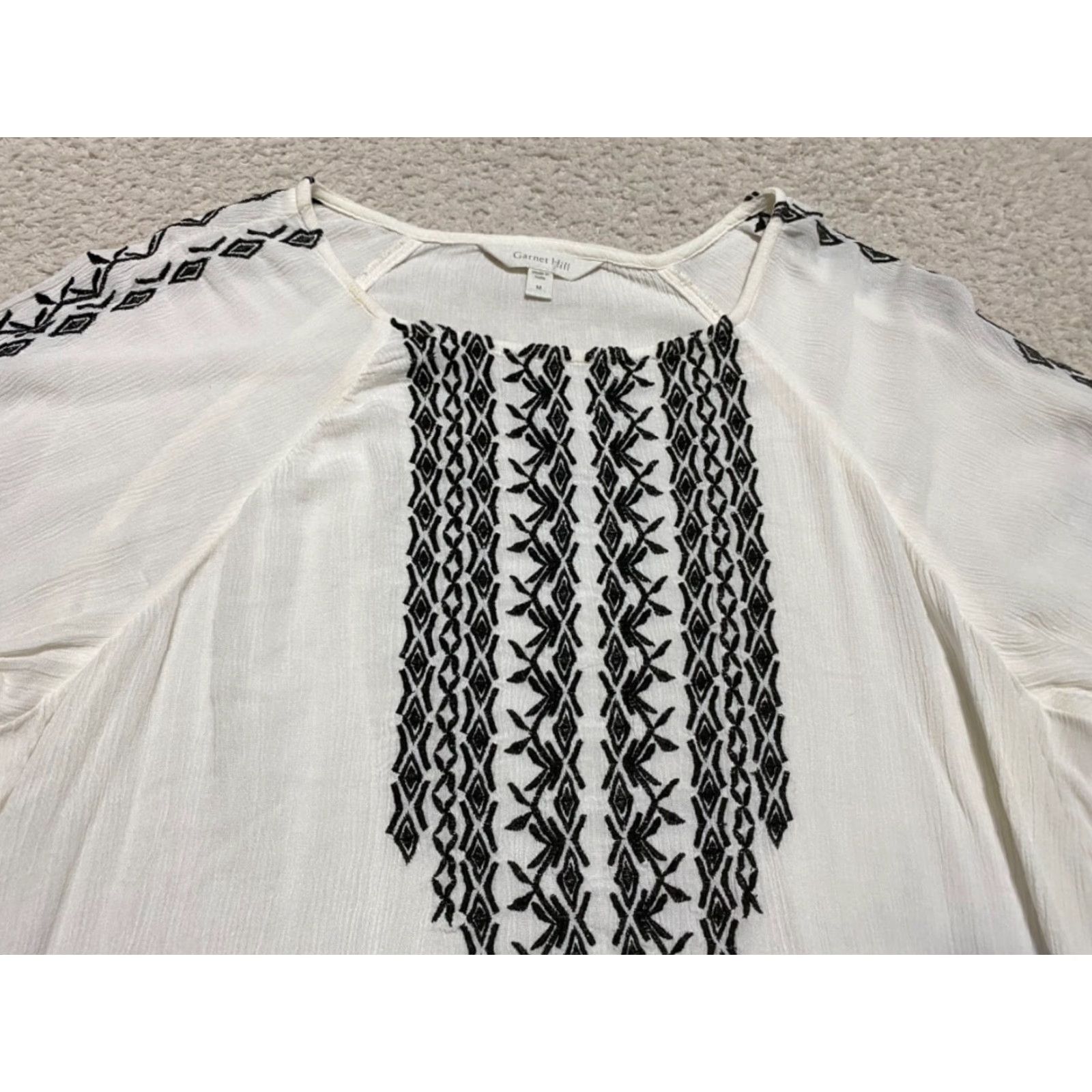 Vintage Garnet Hill Blouse Geometric 3/4 Sleeve White Embroidered Medium Womens M Shirt Womens Size M / US 6-8 / IT 42-44 - 3 Thumbnail